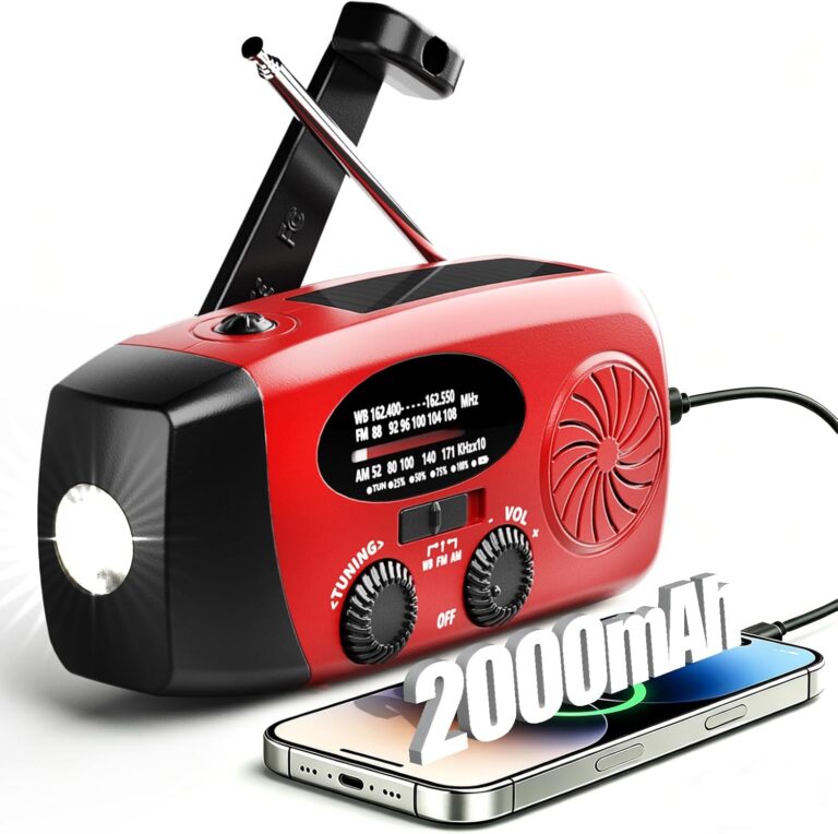 2000mAh/7400mWh Kurbelradio, Tragbares Notfallradio, Kurbel-Solarradio, mit LED-Taschenlampe, wiederaufladbares, Notfall-Netzteil, SOS-Alarm, AM/FM-Windradio, USB-Ladegerät für Wandern, Camping (Rot) | 7400mWh Akku, Notladefunktion für Smartphones, Kopfhöreranschluss, Taschenlampe, SOS Alarm, Handkurbel & Solarpanel