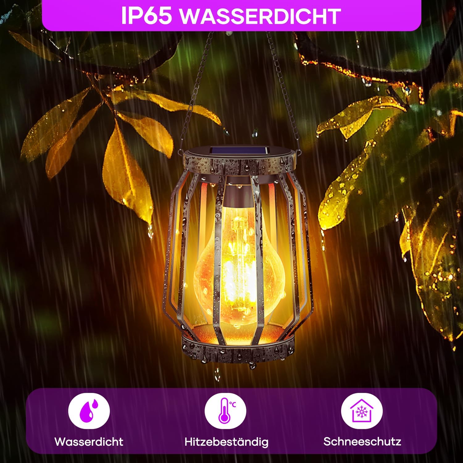 Solarleuchten zum Aufhängen im Freien, 2 Stück, Garten-Deko-Solarlaterne mit großer LED-Glühbirne, IP65 wasserdichte Solarleuchten, warmweiße Beleuchtung für draußen, Hof, Balkon, Terrasse, schwarzes Metall – Bild 4