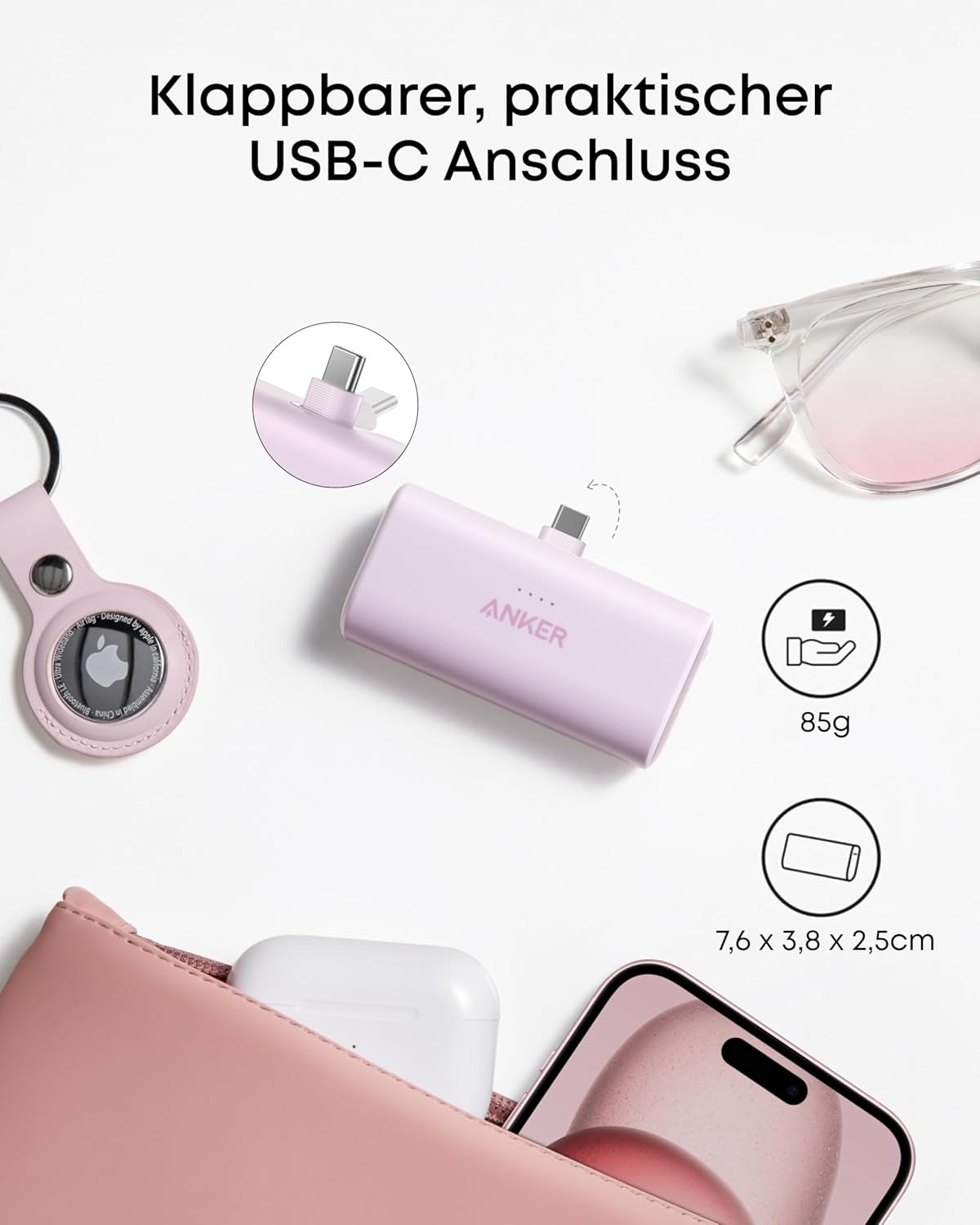 Anker Nano Power Bank, 5000 mAh Power Bank 22,5 W, integrierter faltbarer USB-C-Anschluss, kompatibel mit iPhone 15, Samsung S22/23-Serie, Note20/10-Serie, Huawei, iPad Pro/Air, AirPods und mehr – | Kompatibilität: iPhone 17 / 16 / 15, Samsung S22 / 23, Note 20 / 10, Huawei, iPad Pro / Air, AirPods und mehr – Bild 3
