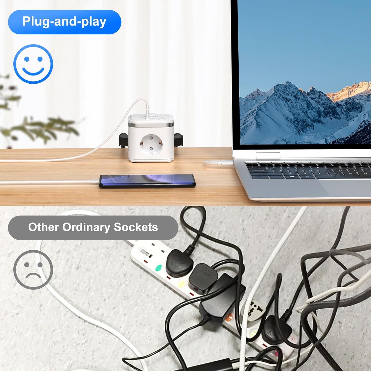 Steckdosenwürfel mit USB, 3-fach Mehrfachsteckdose mit Schalter, Steckdosenleiste mit 2U2C, 7-in-1-Steckdosenverteiler mit 2 m Kabel, Flachstecker-Mehrfachsteckdose für Büro, Reisen, Weiß – Bild 5