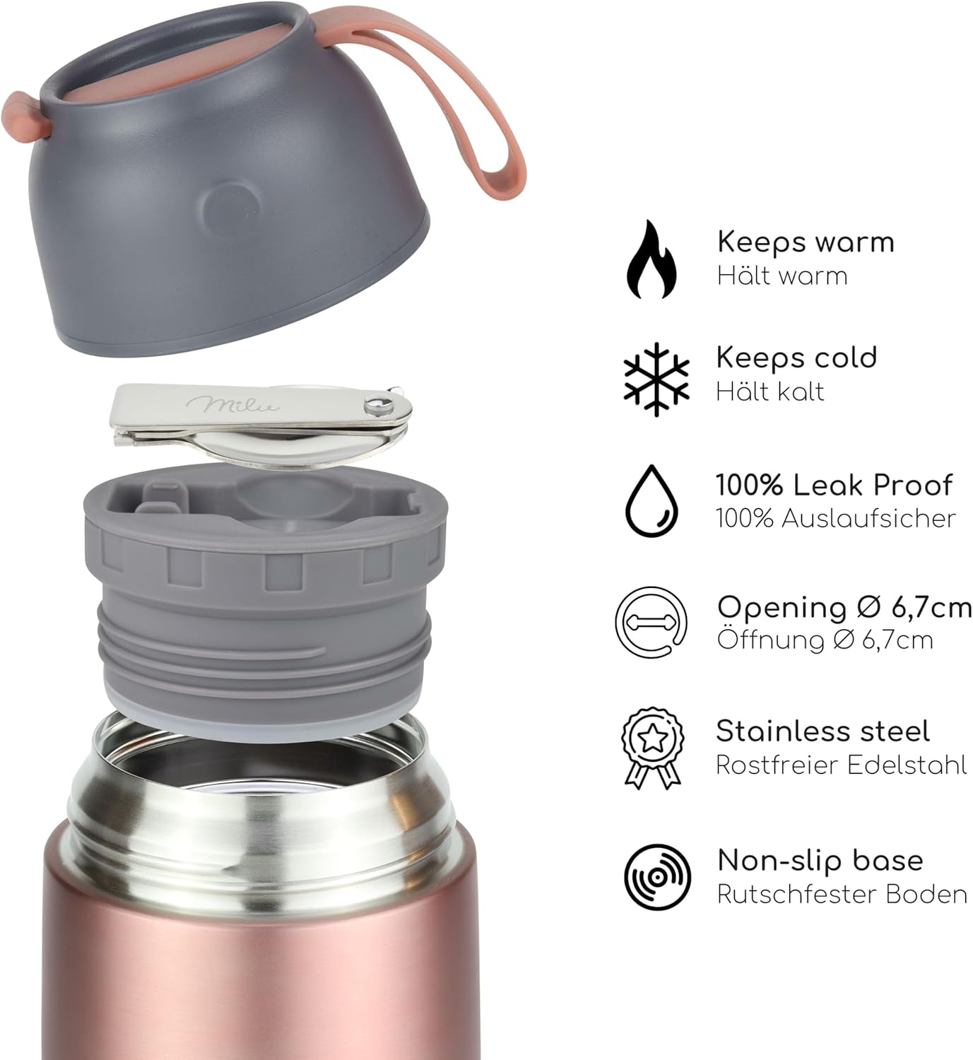 Milu Thermobehälter für Lebensmittel I 450 ml I Warmhaltebehälter aus Edelstahl mit Löffel, Thermobecher Essen, Thermo-Lunchbox für Kinder, Erwachsene, Thermobox Suppen, Babybrei, Essensbehälter Roségold, 450 ml – Bild 4
