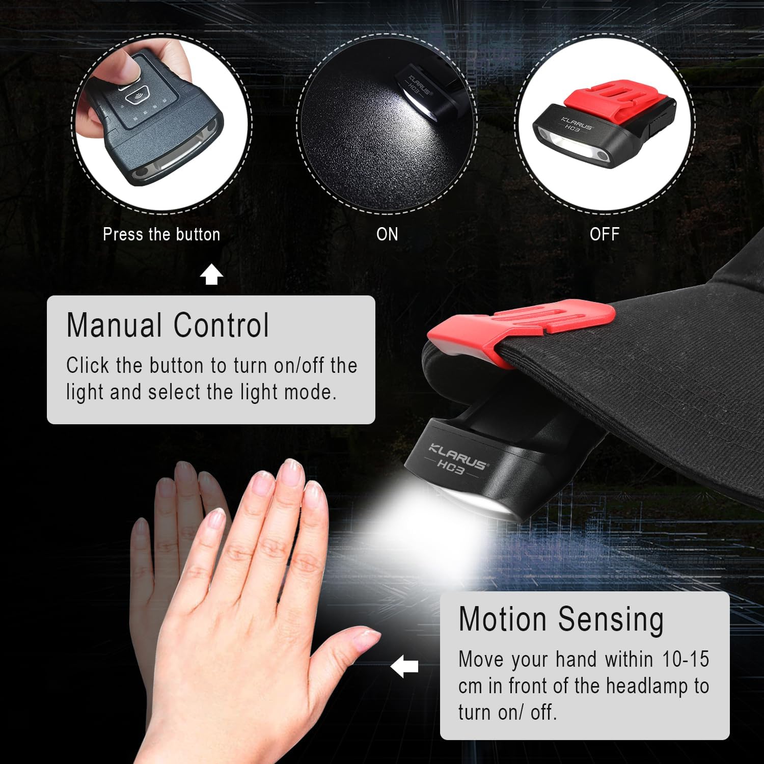 klarus HC3 LED Clip On Cap Light, weißes und rotes Licht mit Sensorsteuerung, 5 Modi dimmbar, für Jagd, Camping, Angeln – Bild 4