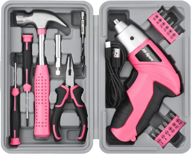 Hi-Spec Kleiner Werkzeugkoffer mit Akkuschrauber für Damen mit Hammer, Zange, Bitsatz und rosa Akkuschrauber 3,6 V, 19-teilig, einfach zu bedienen und kompakt, ideal für kleine Reparaturen.