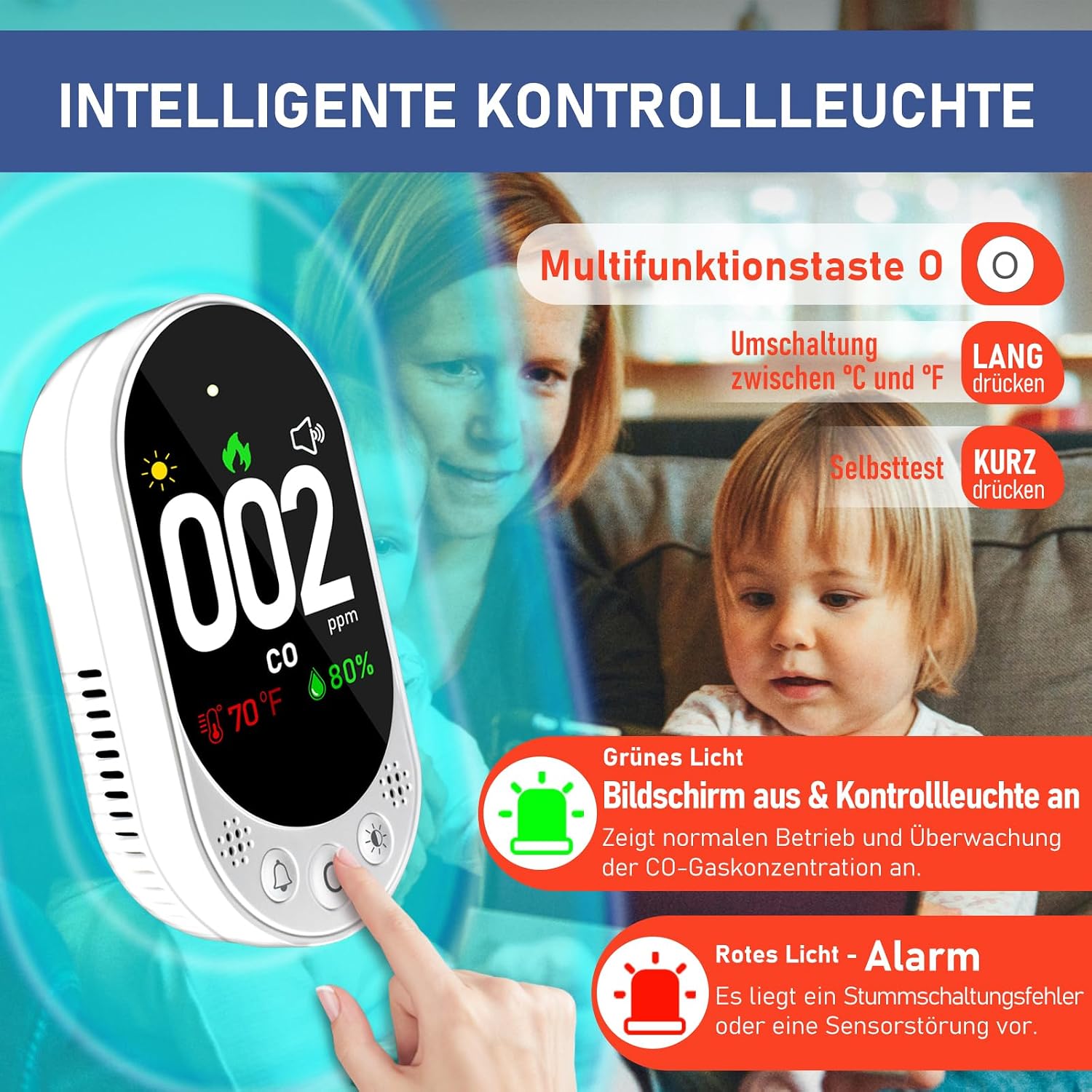 LSENLTY Kohlenmonoxidmelder, CO-Detektor mit HD-Bildschirm und Display, visueller und akustischer Alarm, 3-in-1-CO-Detektor (CO-Gasmessgerät, Temperatur und Luftfeuchtigkeit) für Zuhause und Reisen – Bild 7