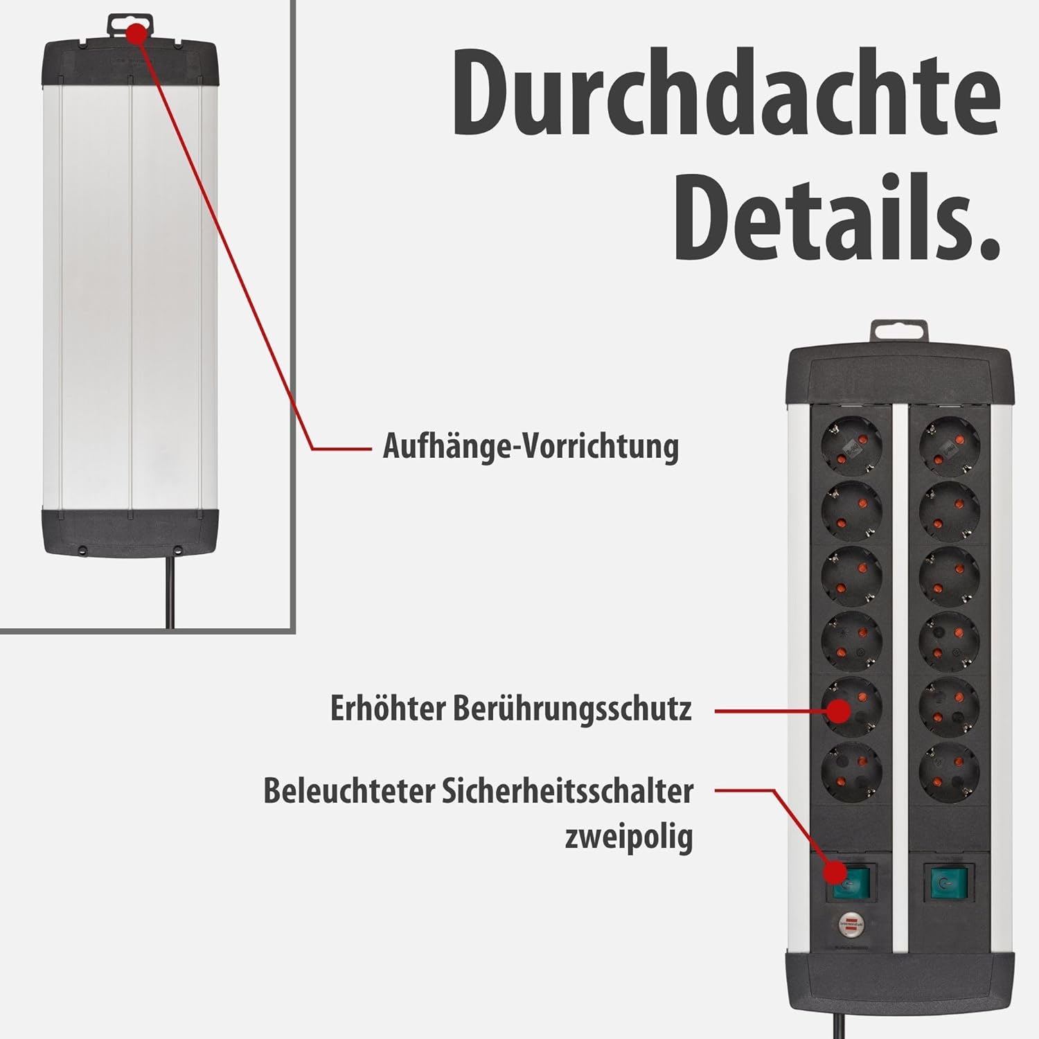 Brennenstuhl Premium Aluminium Line Steckdosenleiste | Mehrfachsteckdose aus hochwertigem Aluminium mit 2 Schaltern für je 6 Steckdosen, hergestellt in Deutschland – Bild 4