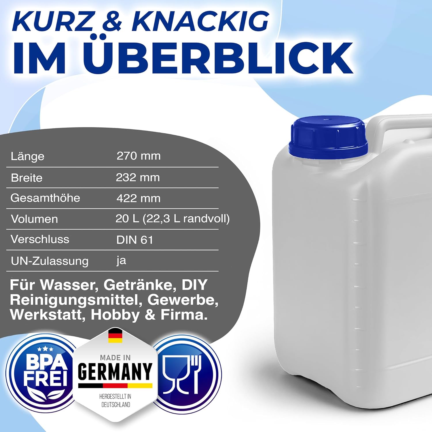 Kosmetex 20 L Kanister, BPA-frei & lebensmittelecht, Wasserkanister 20 Liter für Camping, Garten, Gewerbe und Haushalt, robust hergestellt in Deutschland | Kosmetex Wasserkanister 20 Liter für Camping, Garten, Gewerbe & Haushalt, robust, geschmacksneutral für Wasser & Getränke – Bild 6