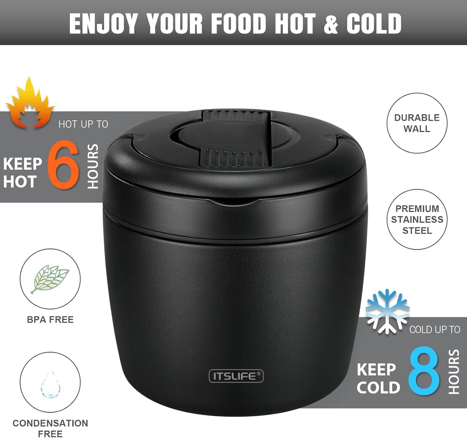 Thermobehälter für Speisen 970 ml, Thermoschüssel mit Deckel, Warmhaltebehälter aus Edelstahl mit Löffel, Thermoskanne Lebensmittel auslaufsicher, Thermo-Brotdose für Suppen, Babynahrung, Brei, Schwarz – Bild 3