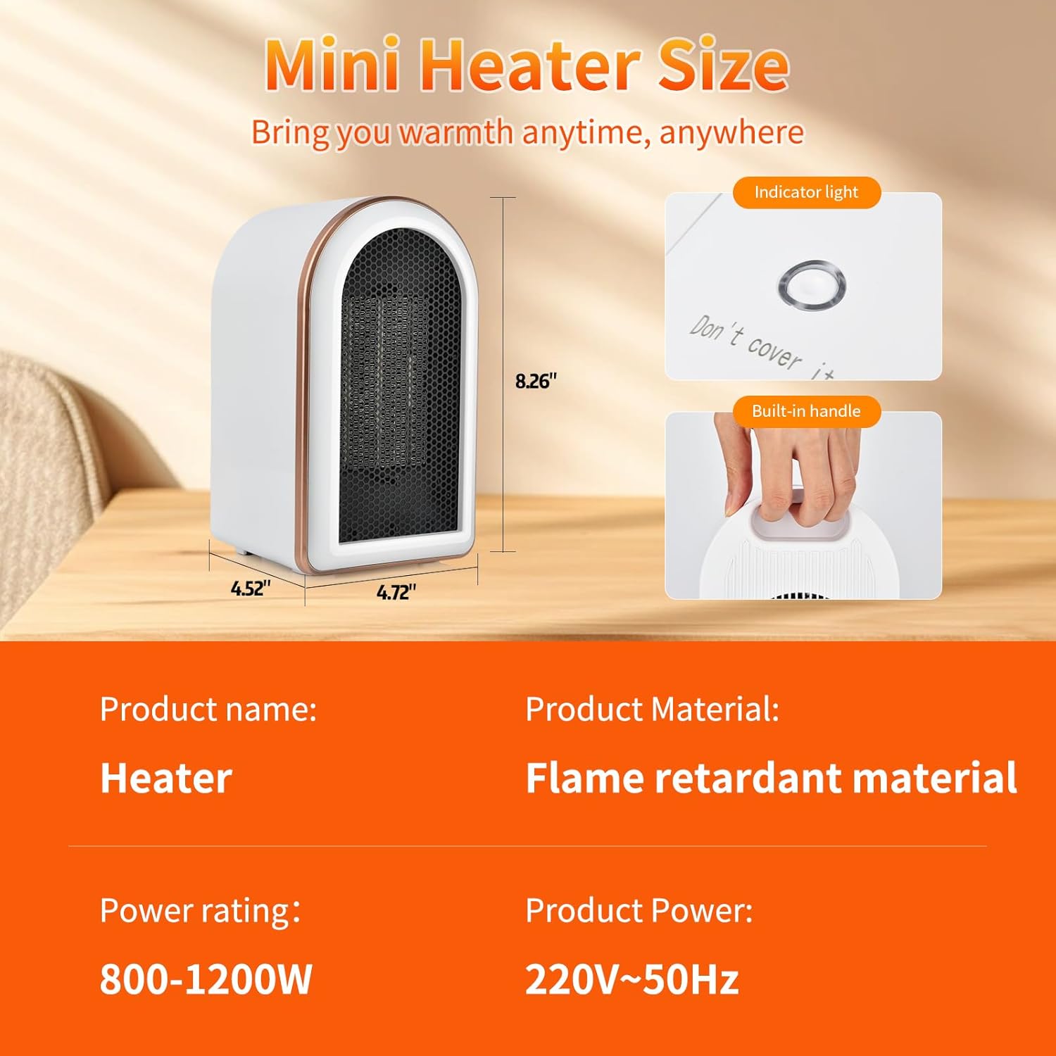 Heizlüfter, klein, energiesparend, Mini-PTC-Keramik-Elektroheizung, leise, mobile Heizung, Steckdose 1200 W/800 W & Überhitzungsschutz, Heizgebläse, Tischheizung, tragbar – Bild 5