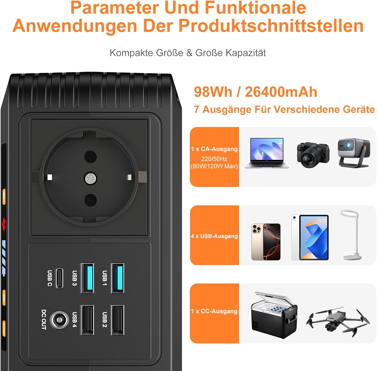 MARBERO Tragbare Power Station 26400 mAh 98 Wh Hochwertiger Lithium-Ionen-Akku Schnellladegerät 120 W Peak Solargenerator mit AC/DC / USB-Ausgängen für Reisen Camping Wohnmobil Notstromversorgung zu Hause – Bild 5