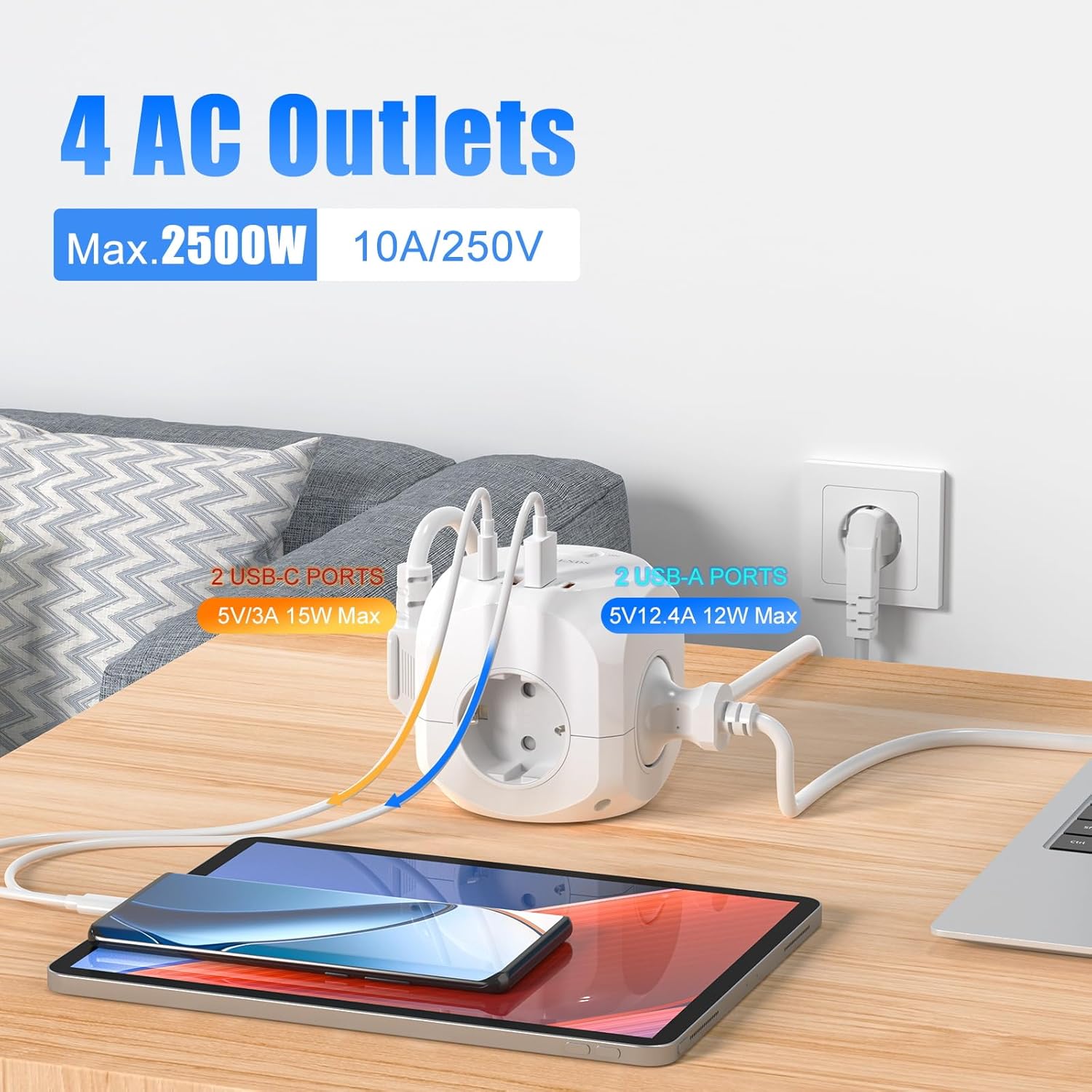 8-in-1 Mehrfachstecker Verteilersteckdose, HITRENDS 4-fach Steckdosenleiste Würfel, Mehrfachsteckdose mit 4 USB, 2500W Steckdosenturm Würfel, PD20W Steckdosenwürfel für Büro Zuhause, 2m Kabel, Weiß – Bild 3