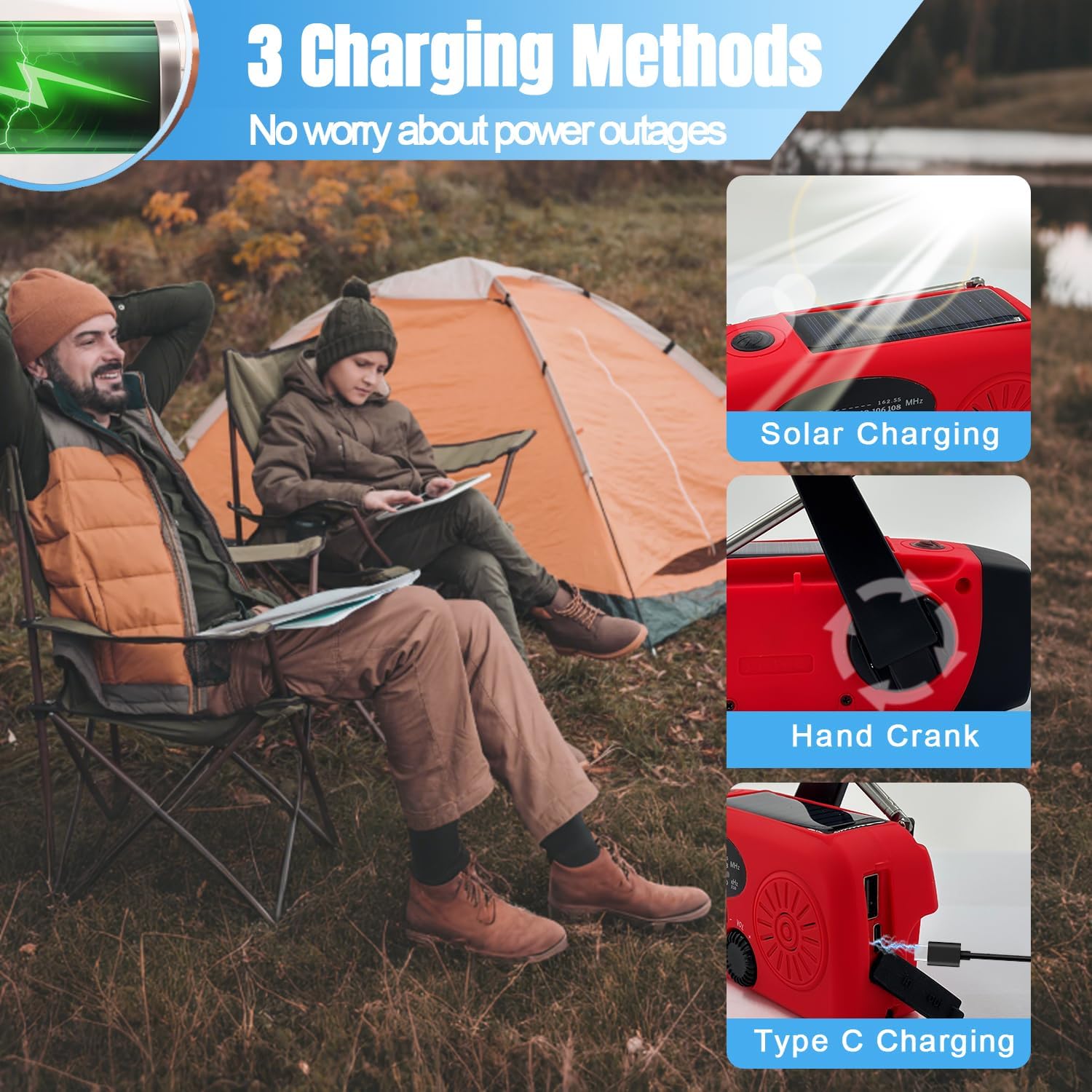 2000 mAh Notfall-Solar-Handkurbelradio, tragbares 3-Wege-Wetterradio AM/FM/NOAA mit USB-Ladegerät, Telefonladegerät, SOS-Alarm und LED-Taschenlampe für Camping, Wandern (rot) | Tragbares Radio mit wiederaufladbarem Akku, Handy-Ladegerät, SOS-Alarm, Taschenlampe für Camping, Überlebensnotfälle – Bild 3