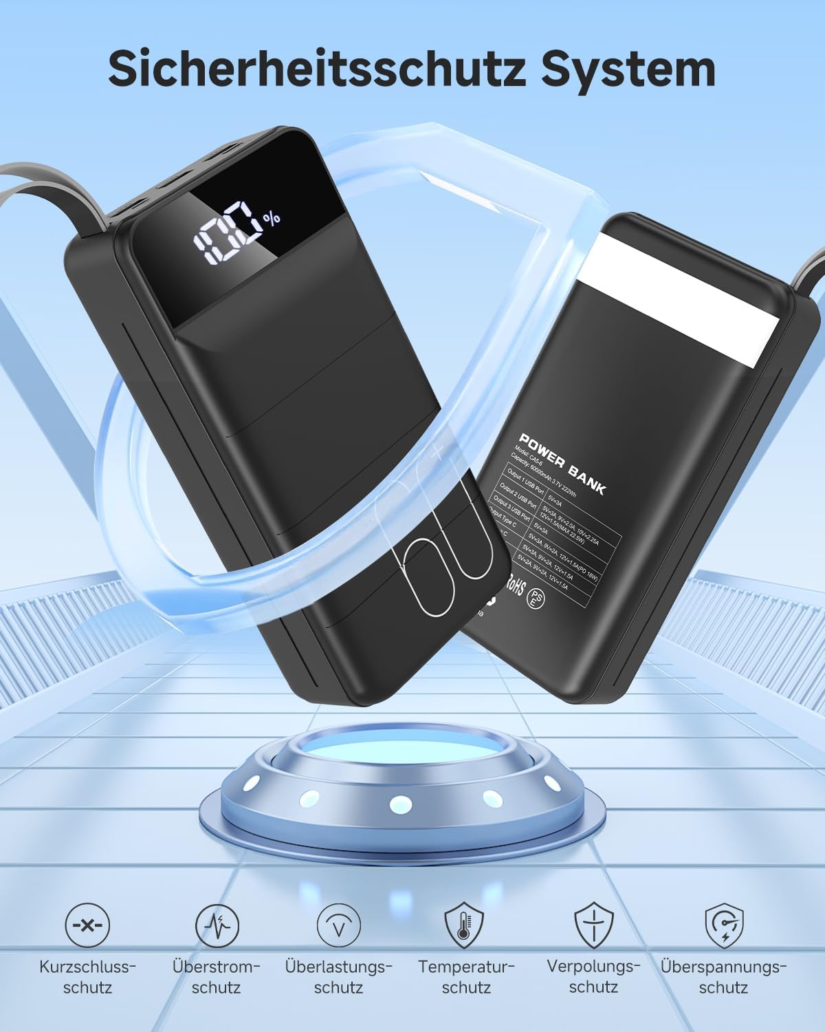 60.000 mAh Powerbank 22,5 W Powerbank PD USB-C Schnellladefunktion Externer Akku mit 4 Ausgängen und 2 Eingängen, kompatibel mit Smartphone, Tablets, Tablet etc. Schwarz – Bild 6