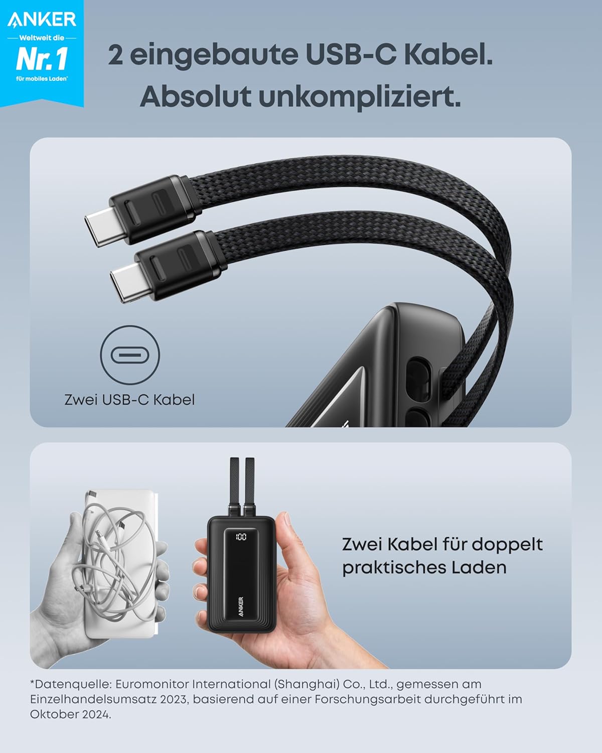 Anker Zolo Powerbank (Upgrade 2025), 45 W Schnellladung, 20000 mAh Akku, zwei integrierte USB-C-Kabel, 1 USB-C- und 1 USB-A-Anschluss, für iPhone 17/16-Serie, Galaxy, MacBook und mehr – Bild 2