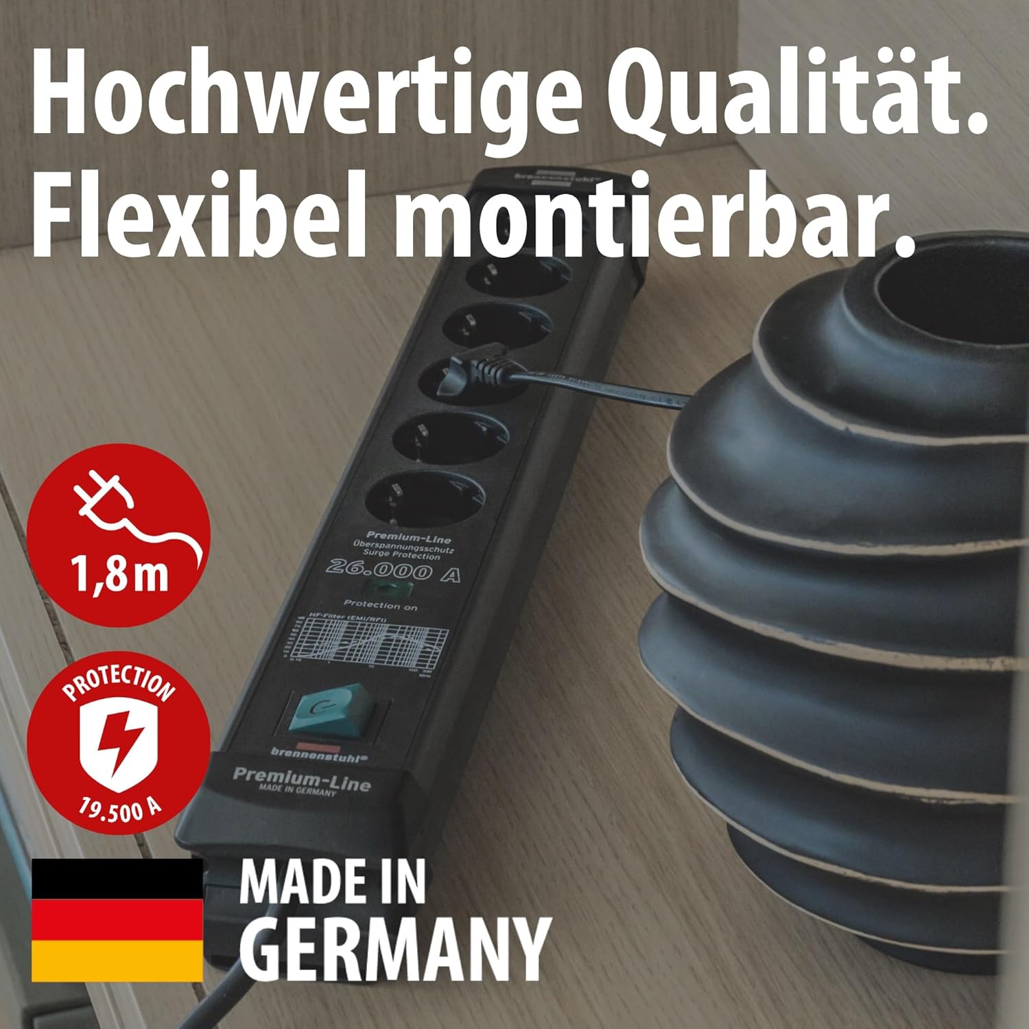 Brennenstuhl Premium-Line Steckdosenleiste 6-fach mit Überspannungsschutz bis zu 26.000 A (Steckerleiste mit 1,8m Kabel und mit Schalter, Made in Germany) schwarz – Bild 2