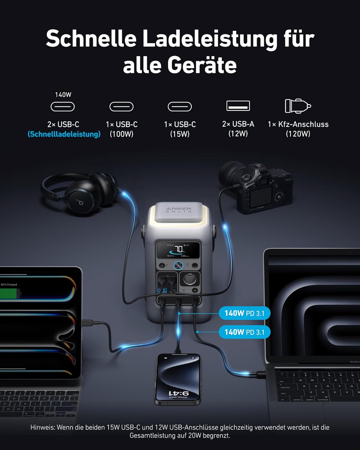 Anker SOLIX C300 DC Power Bank Kraftwerk, 288 Wh Akku für mehrere Geräte, LiFePO4 Akku, 300 W Solargenerator, für Camping, Outdoor, Reisen, Notfälle (Netzteil nicht im Lieferumfang enthalten) – Bild 3