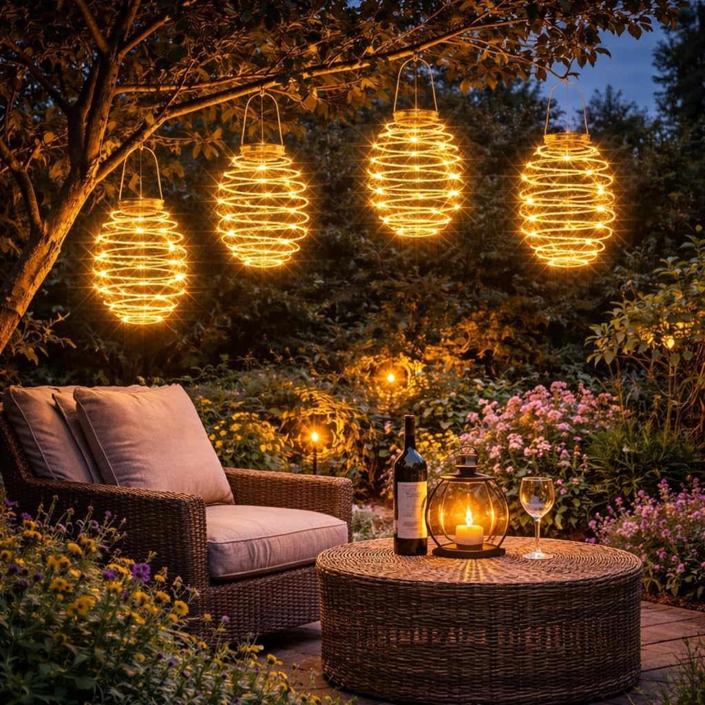 Festliche Lichter Set mit 4 solarbetriebenen LED-Spirallaternen für den Außenbereich, Solarlaterne zum Aufhängen, solarbetriebene Laterne, Solar-Gartenleuchten für die Gartenbeleuchtung im Freien (4 Solarspiralen) – Bild 2