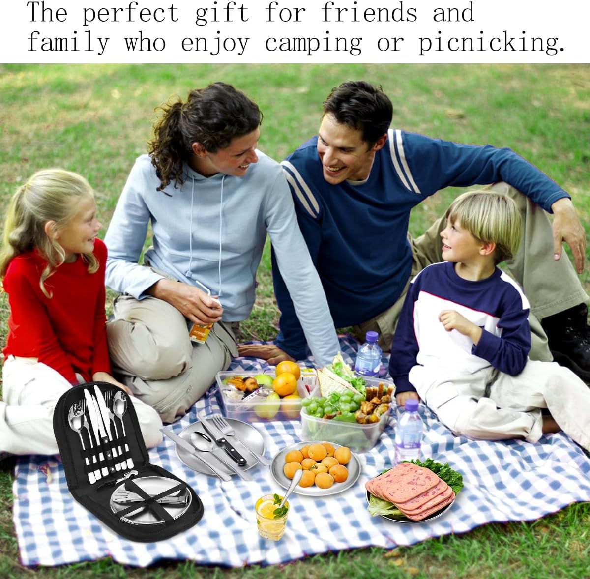 Camping-Geschirr-Set für 2 Personen, 12-teiliges tragbares Camping-Besteck-Set aus Edelstahl für Camping, Picknick, Reisen, inklusive Bestecktasche, Edelstahl-Gabeln, Messer und Löffel, wiederverwendbar – Bild 5