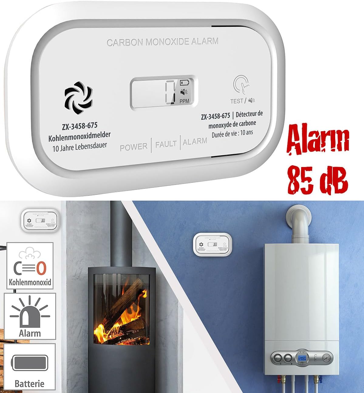 VisorTech CO-Melder: Digitaler Kohlenmonoxidmelder, 85 dB, LCD-Display, nach DIN EN 50291 (Co2-Alarm, CO-Wächter, BBQ) – Bild 3