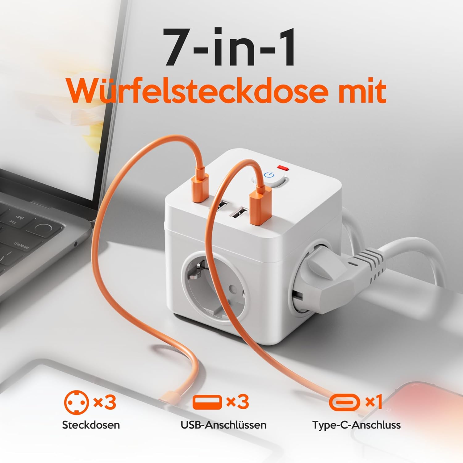7in1 Steckdosenwürfel mit USB, 3-fach Mehrfachsteckdose mit 3 USB A, Steckdosenleiste mit 1 USB C, 1,5 m langes Verlängerungskabel mit Flachstecker, Überlastschutz & Schalter für Zuhause, Büro, Reisen – Bild 2