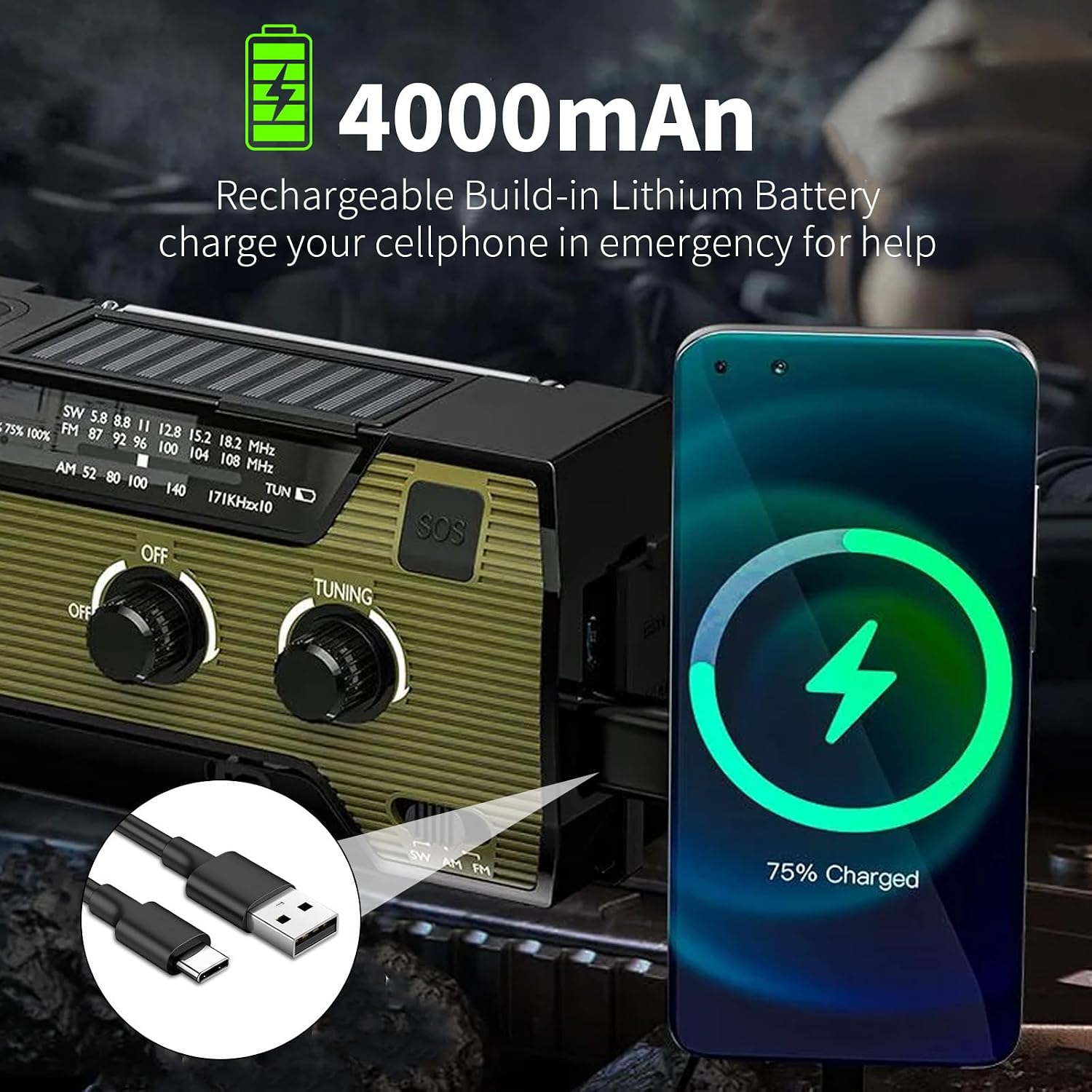 Notfall-Solarradio, solarbetriebenes Kurbelradio von Solarbaby mit LED-Taschenlampe, SOS-Alarm, AM/FM-Wetter-Aufziehradio mit 4000-mAh-Akku zum Notladen des Smartphones – Bild 6