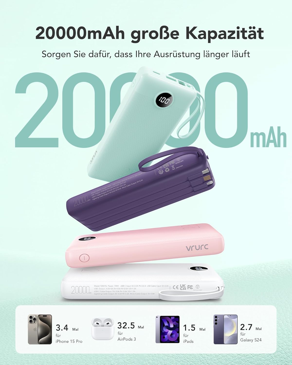 VRURC Powerbank, Powerbank 20000 mAh mit Kabel USB C Schnellladung 22,5 W Tragbares Ladegerät Schnellladung mit LED-Anzeige Externe Handy-Akkus Kompatibel mit iPhone, Huawei usw – Bild 4