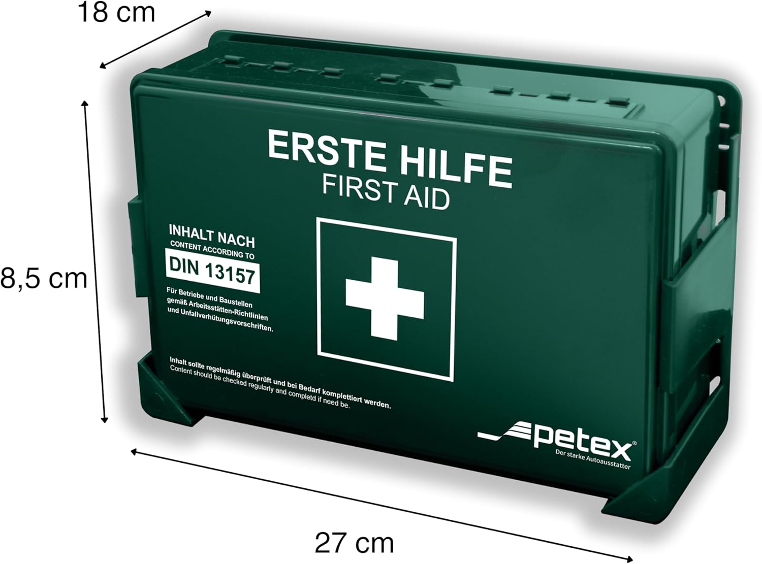 PETEX Company Erste-Hilfe-Set Standard mit Inhalt nach DIN 13157 inkl. praktischer Wandhalterung, 5 x Aufkleber, Erste-Hilfe-Koffer, Erste-Hilfe-Set in Grün für Gewerbe, Büro, Baustelle – Bild 2