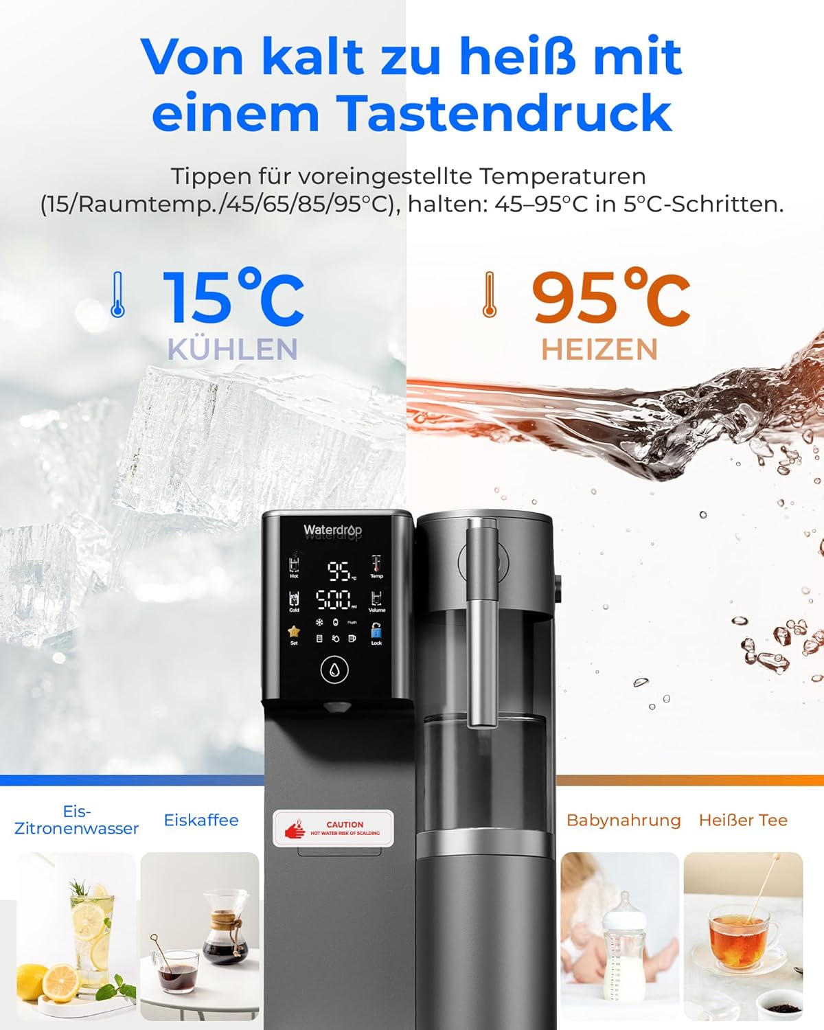 (Mineralisiertes) Waterdrop WD-A2G Arbeitsplatten-Umkehrosmosesystem, Heiß- und Kalt-RO, tragbarer Reinwassertank, flaschenloser Wasserspender, 6 Temperaturen, 3:1 Rein-/Abwasser – Bild 3