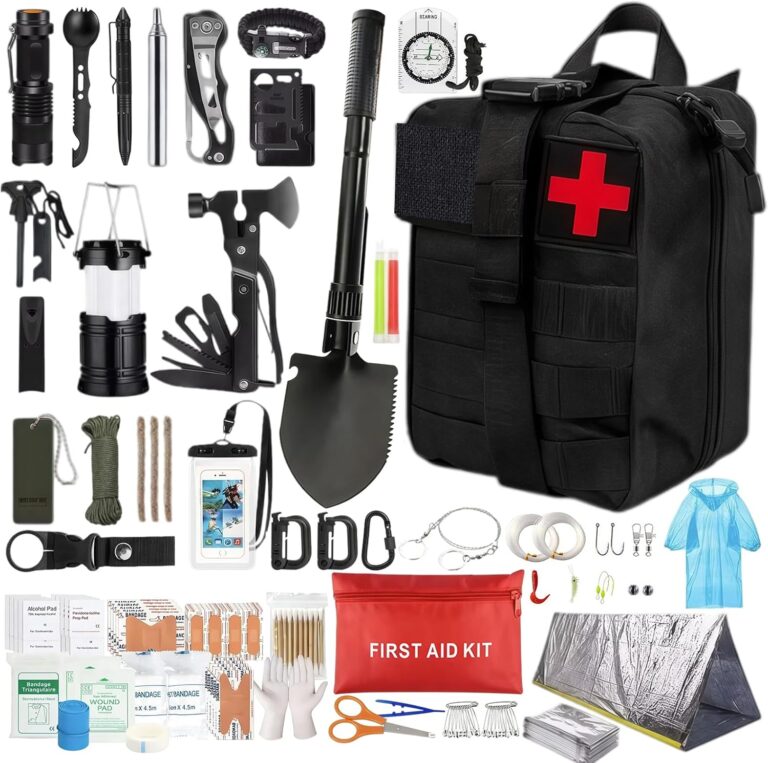 Outdoor-Notfall-Überlebensset, 43-in-1 Notfall-Überlebensausrüstung mit Erste-Hilfe-Set, Multitool-Axt, Kompass, Notfallrucksack für Männer, Camping, Bergsteigen, Wandern, Abenteuer