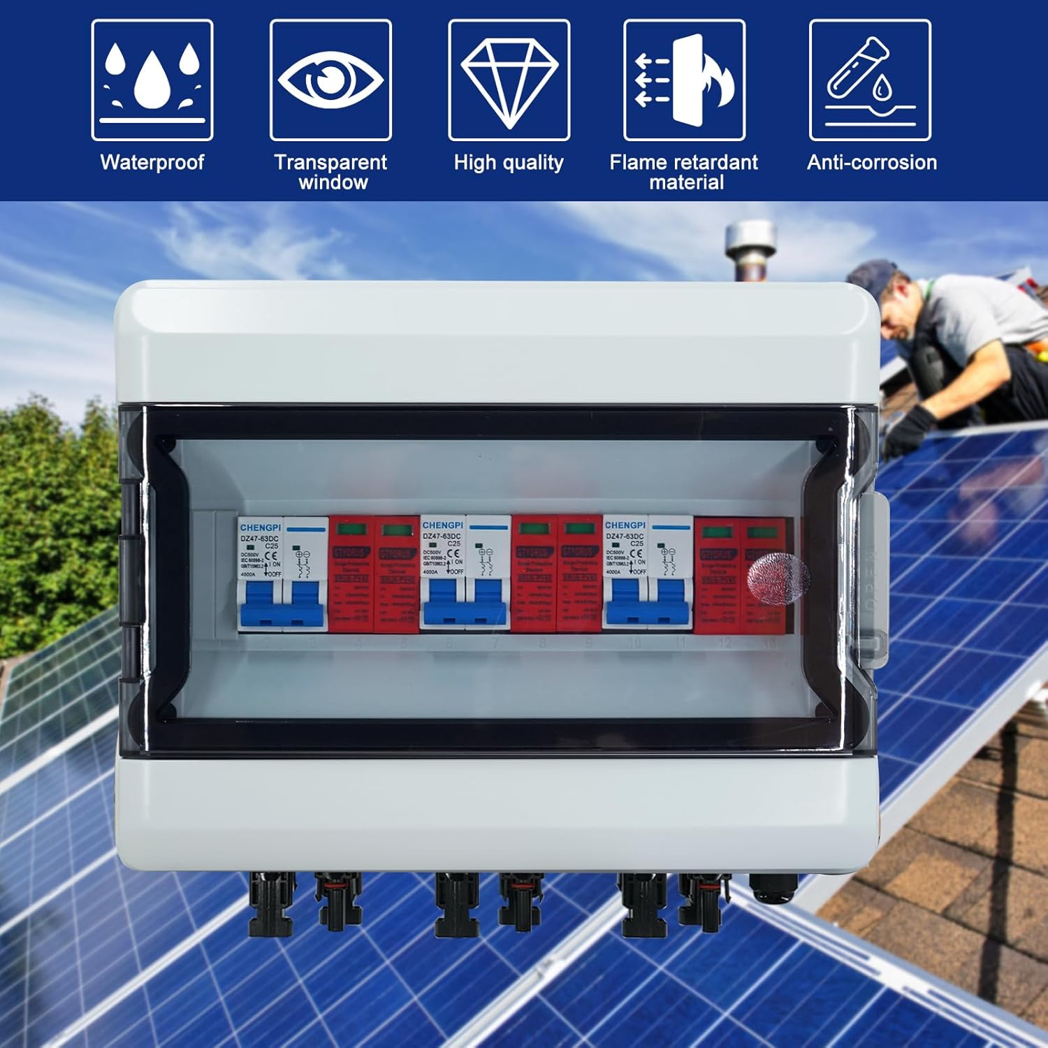 Überspannungsschutz PV DC Trennschalter Blitzschutz Leistungsschalter DC 3 String 500V 25A Solarspannungsschutz IP65 Wasserdichte Solaranschlussbox für Photovoltaik (3 in 3 out) – Bild 4