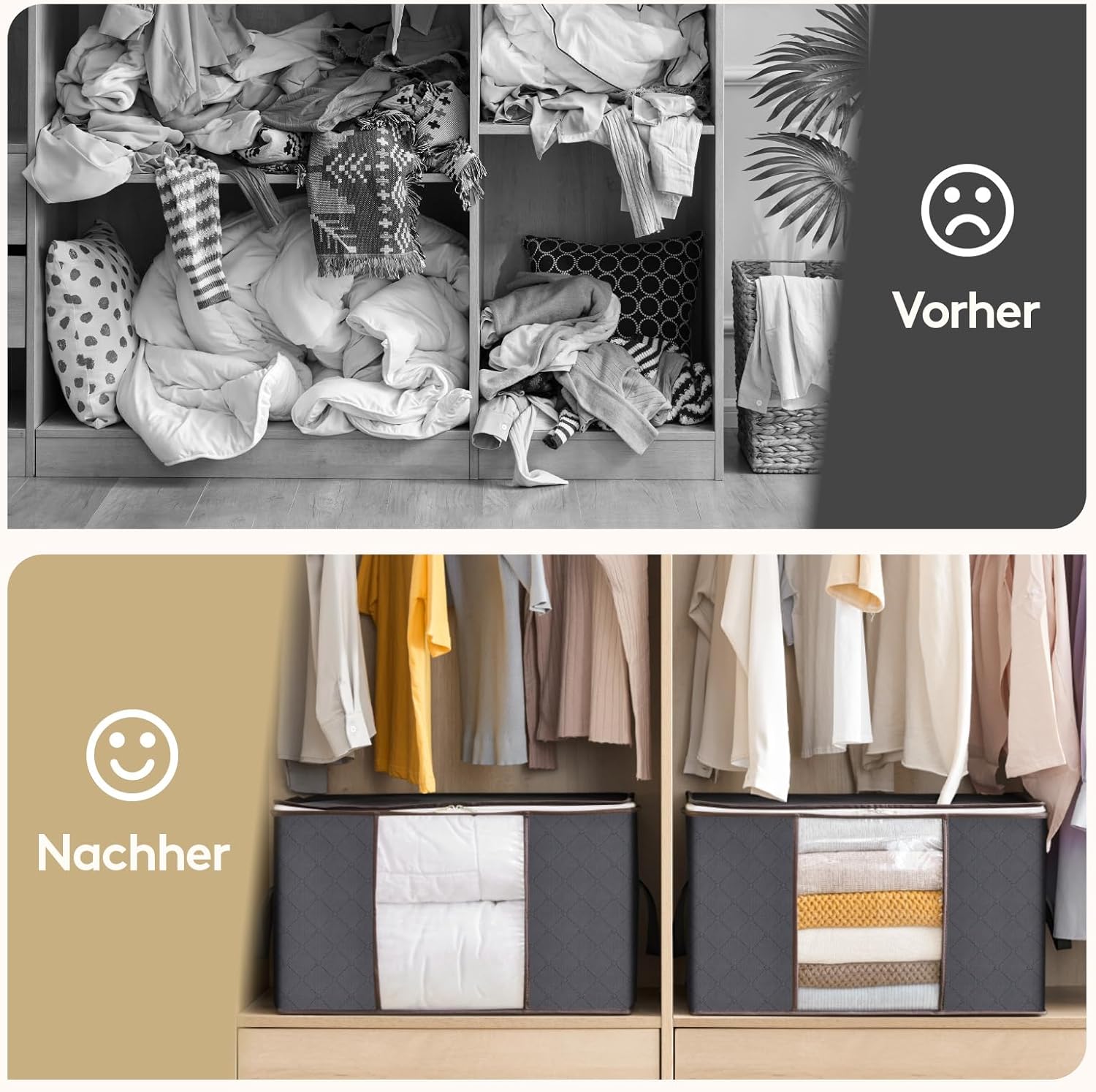 Lifewit 4 Stück Aufbewahrungstaschen, Aufbewahrungsboxen mit Deckel, Kleiderschrank-Organizer, faltbare Kleideraufbewahrung, Umzugskartons mit verstärktem Griff für Bettdecken, Kleidung, Decken, Grau, 60 l – Bild 8