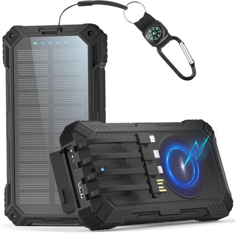 Solar Power Bank 56800 mAh Schnellladung, 15 W kabelloses Ladegerät für Smartphone | 3,0-A-USB-C-Solarladegeräte mit 4 Kabeln, 3 Anschlüssen (2 USB/Typ-C), LED-Lichtanzeigen, Taschenlampe, externen Mobiltelefonbatterien