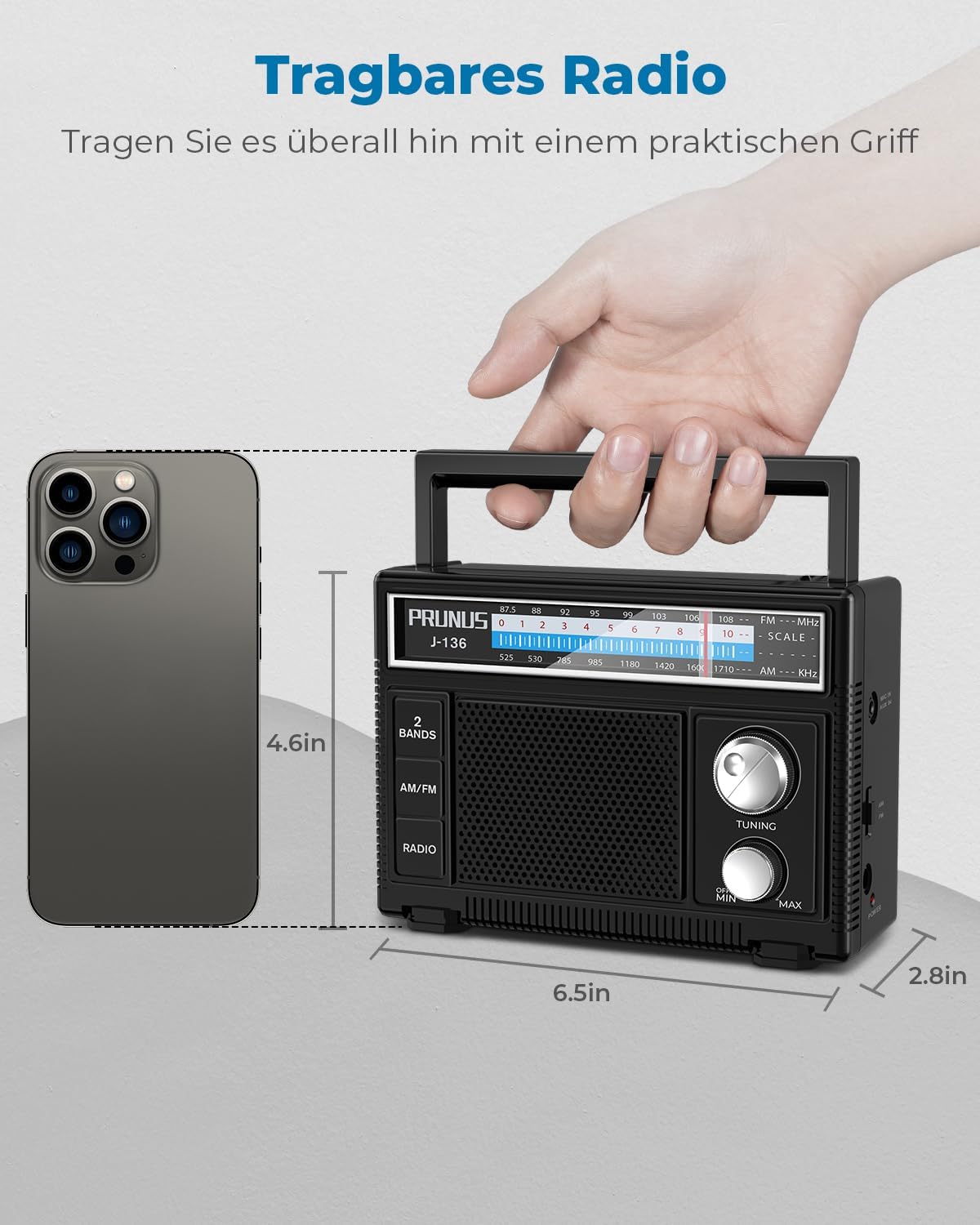 Prunus J-136 AM FM FM Radio Kleines Kofferradio mit AUX/Mikrofonanschluss | Tragbare Radios mit Batterie- oder Wechselstrombetrieb, einfache Radios für Senioren. – Bild 2