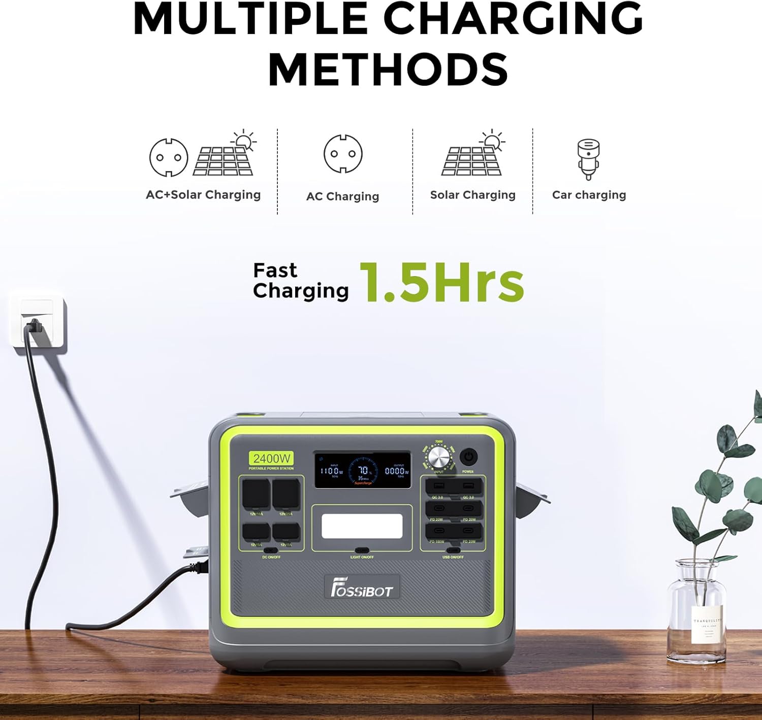 FOSSIBOT Solargenerator F2400 (2400 W), Teil mit 200 W Solarpanel auf dem Balkon, 3 x 2400 W AC-Ausgänge (4800 W Spitze), 1100 W superschnelles tragbares Kraftwerk für Zuhause, Camping, Wohnmobil und Notfall – Bild 4