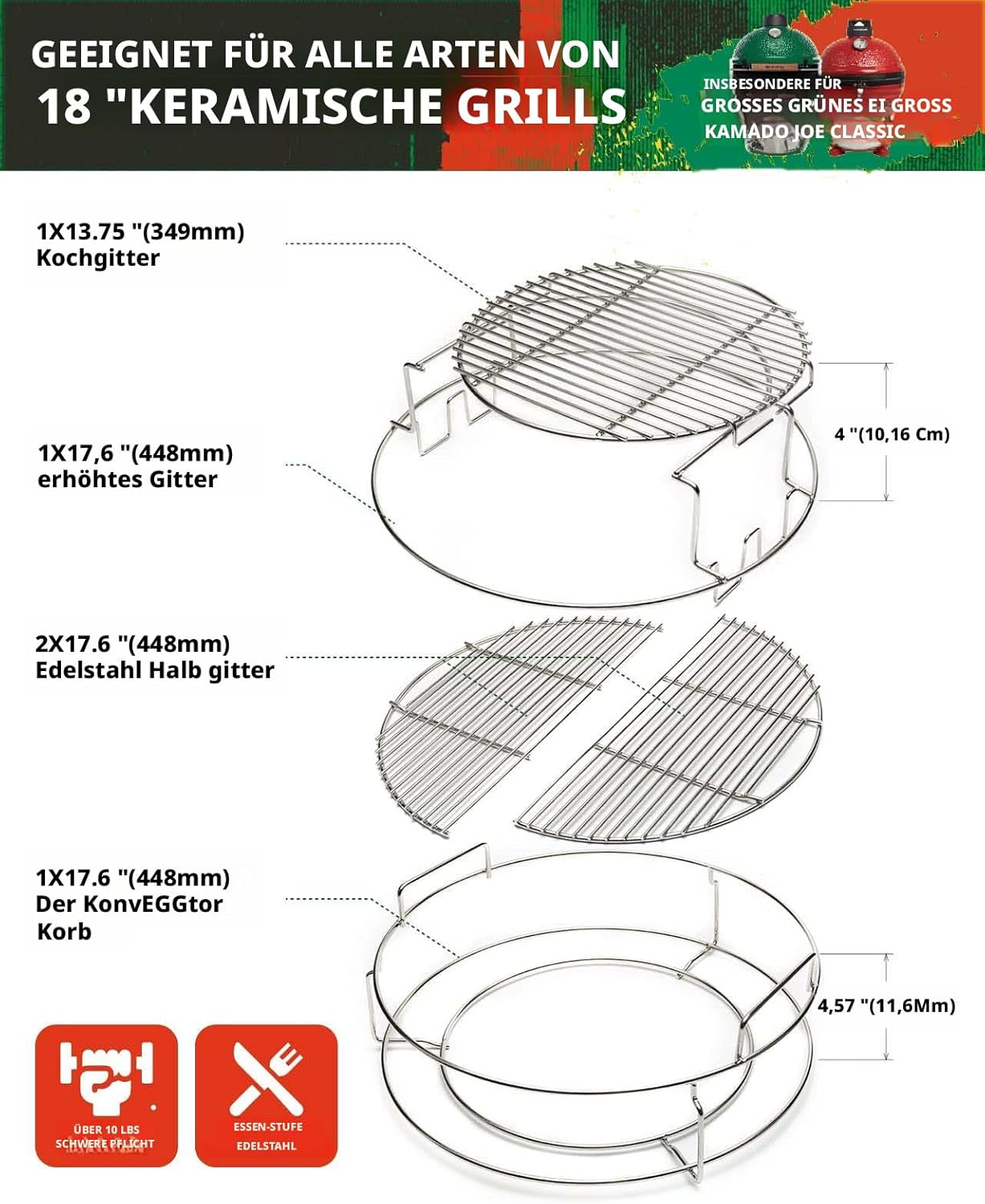 5-teiliges EggSpander-Set aus Edelstahl für Big Green Egg Large, stapelbare Grillroste auf 3 Ebenen + Conveggtor-Korb + 2 halbmondförmige Roste, über 40 Grillmodi und kreatives Kochen, langlebig, verformungsfrei – Bild 2