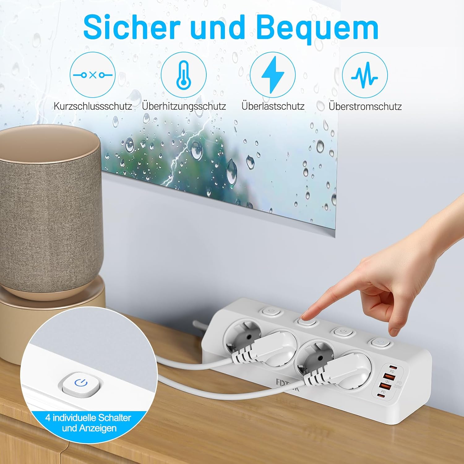 PD 20W Tischsteckdose mit USB C, 4-fach Ecksteckdosenleiste, Schreibtisch mit einzeln schaltbar, FDTEK Ecksteckdose 4000W 16A, Mehrfachsteckdose, Flachstecker, Überspannungsschutz, 2m für Küche, Büro – Bild 4