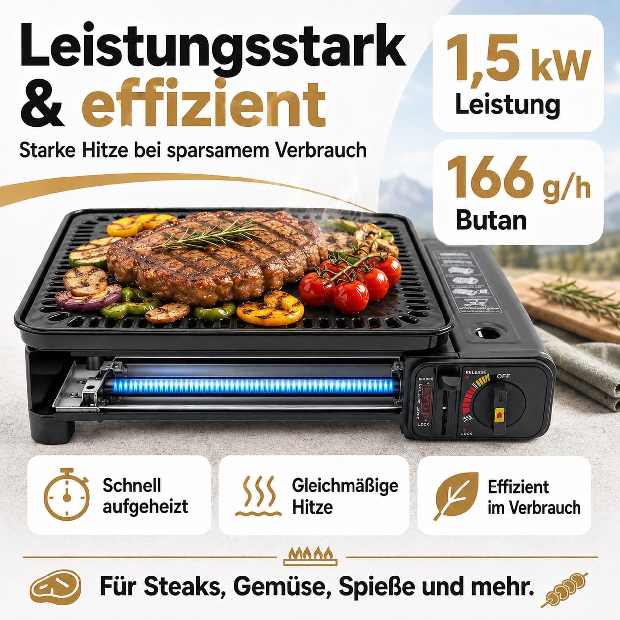 Gasgrill Camping mit 8 Kartuschen Grillplatte Grillrost + Schaschlikspieße | Mit 4 oder 8 Gaskartuschen, tragbarer Gaskochergrill mit Koffer – Bild 5