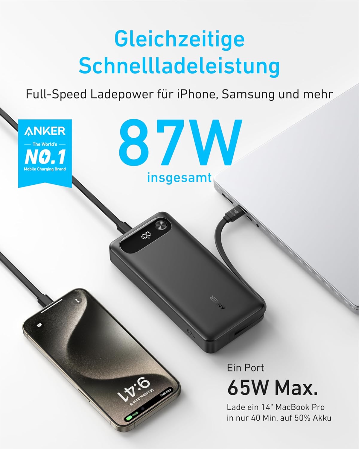 Anker Power Bank, tragbares Ladegerät mit 20.000 mAh und integriertem USB-C-Kabel, 87-W-Max-Schnellladeakku, 1 USB-C und 1 USB-A, für MacBook, iPhone 17/16/15/14-Serie, Samsung, Switch und mehr – Bild 2