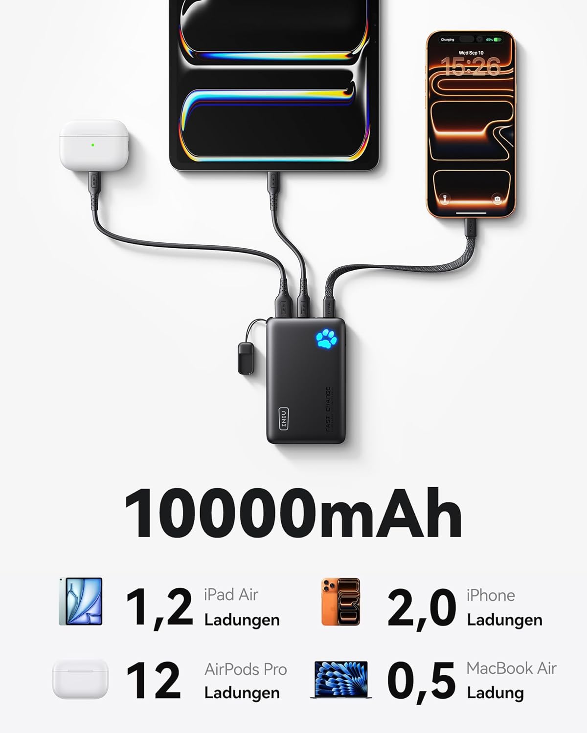INIU Powerbank, kleine 45W Schnellladung 10000mAh Powerbank mit abnehmbarem USB-C-Kabel, geeignet für Fliegen & Reisen Essential, externe Handy-Akkus für iPhone 17 16 15 Pro, Samsung S25, Xiaomi, iPad usw – Bild 5