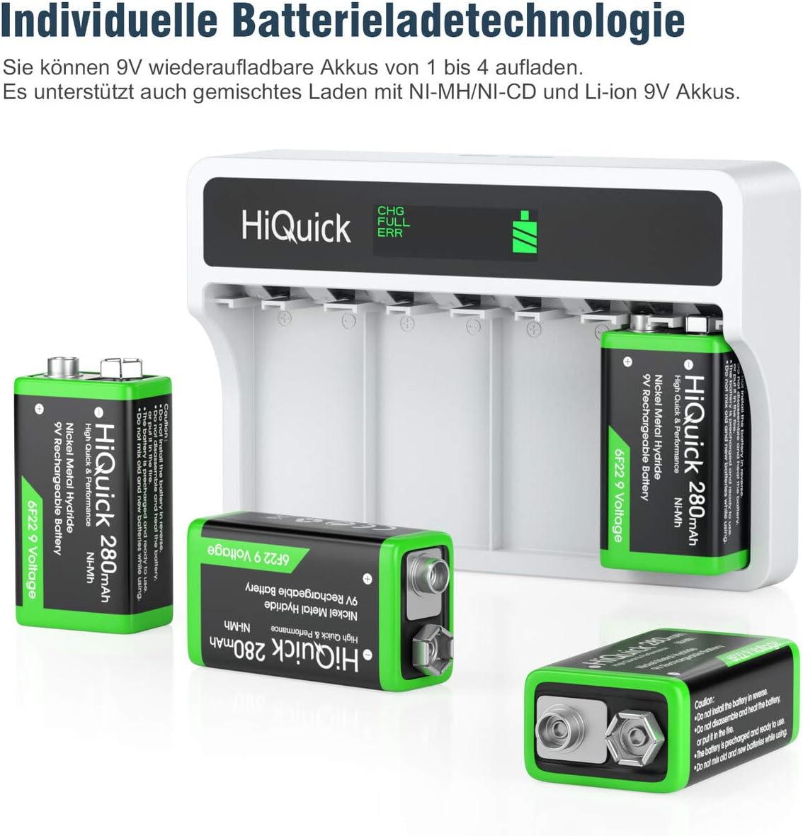 HiQuick 9V Akkuladegerät, Ladegerät für 9V Ni-Mh/Li-Ionen-Akkus, für wiederaufladbare PP3-Akkus, 4 Ladeplätze mit LCD-Display – Bild 4