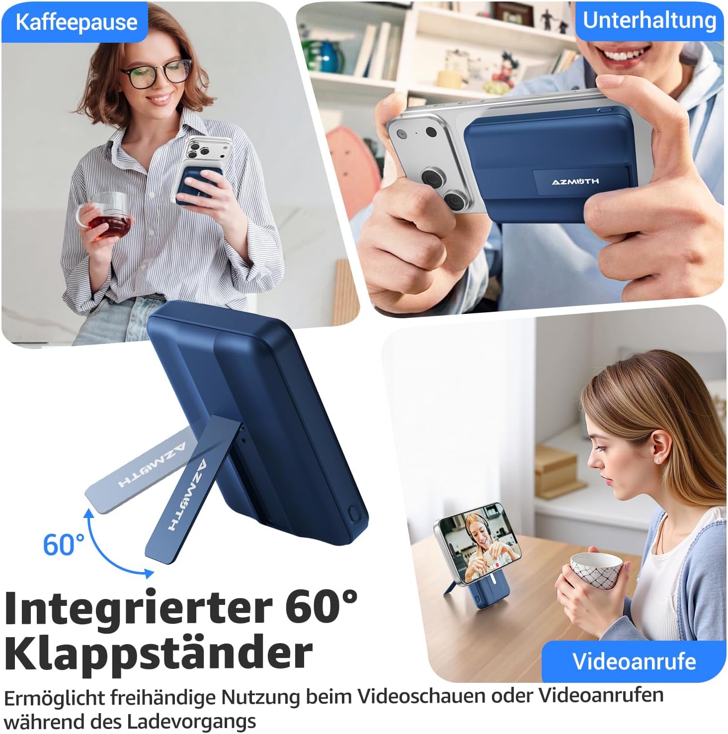 Azmuth Magsafe Powerbank 10000 mAh kabellos magnetisch für iPhone 17-12 | Kabellose Powerbank mit USB-C-Eingang und -Ausgang, 22,5 W USB-A, Klappständer und LED-Bildschirm für iPhone 17/16/15/14/13/12 – Blau – Bild 5