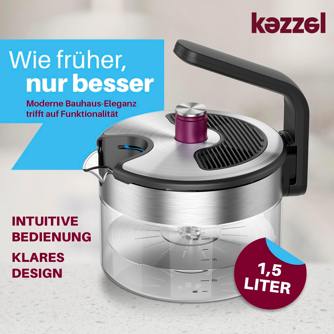 Kezzel® Innovativer Wasserkocher für Induktionsherde 1,5 Liter | Automatische Abschaltfunktion, kein Überkochen | Minimalistisches Design, Edelstahl und Glas, leicht zu reinigen, spülmaschinenfest – Bild 2