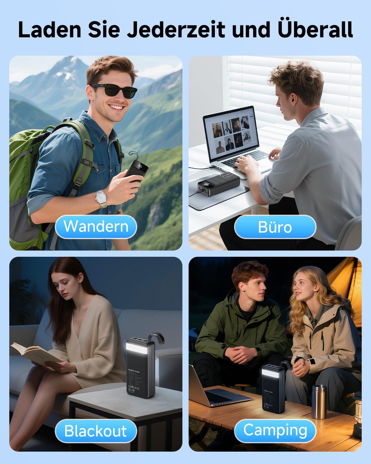 60.000 mAh Powerbank 22,5 W Powerbank PD USB-C Schnellladefunktion Externer Akku mit 4 Ausgängen und 2 Eingängen, kompatibel mit Smartphone, Tablets, Tablet etc. Schwarz – Bild 8