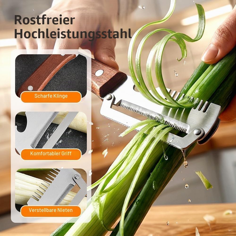 3-in-1-Schäler mit Holzgriff, multifunktionaler Gemüseschäler, Edelstahlklinge, Julienneschneider und Flaschenöffner, inklusive Reinigungsbürste (1 Stück) – Bild 5