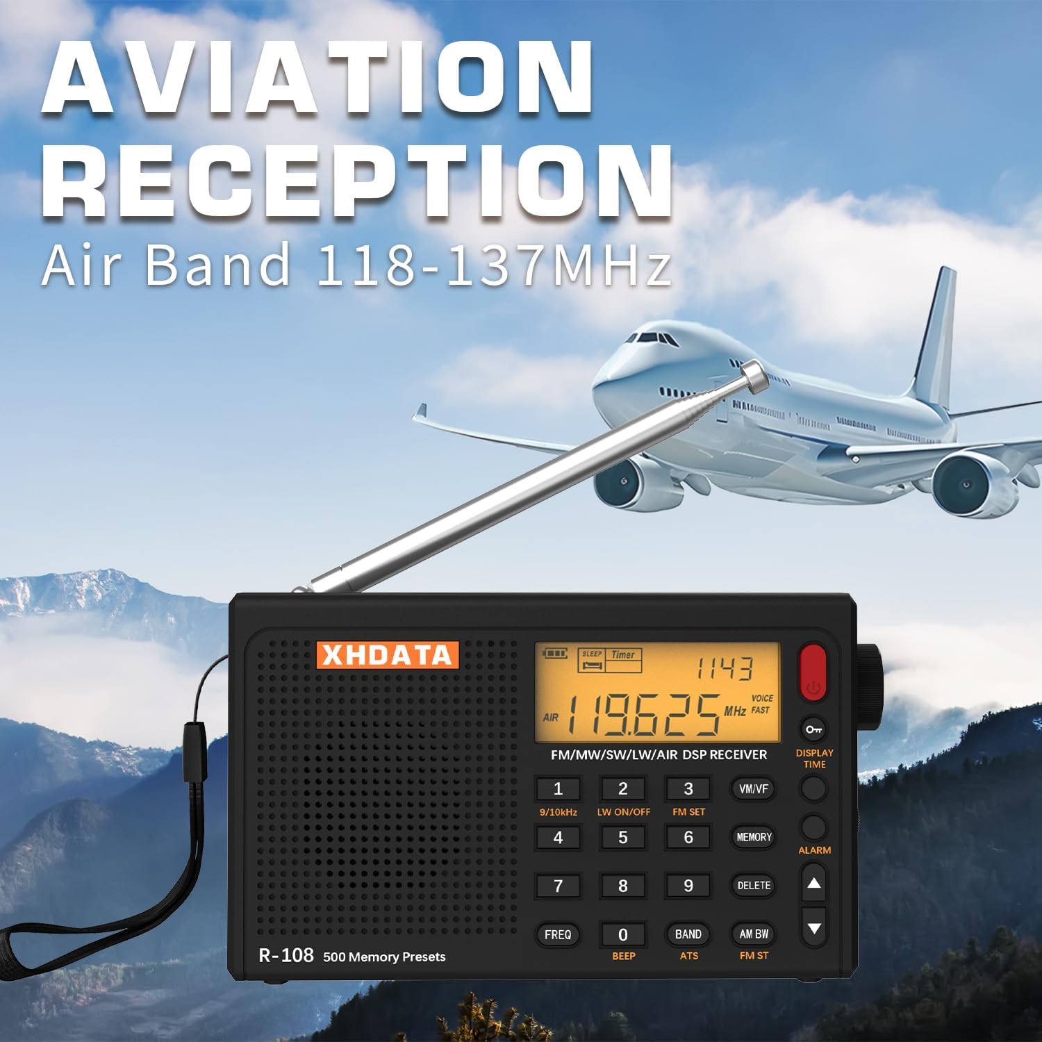 XHDATA R-108 Kleine tragbare Radios, wiederaufladbares Batterieradio FM AM SW Airband Radio Weltempfänger Digitalradio mit ATS Station Memory Sleep Funktion (Schwarz) – Bild 3
