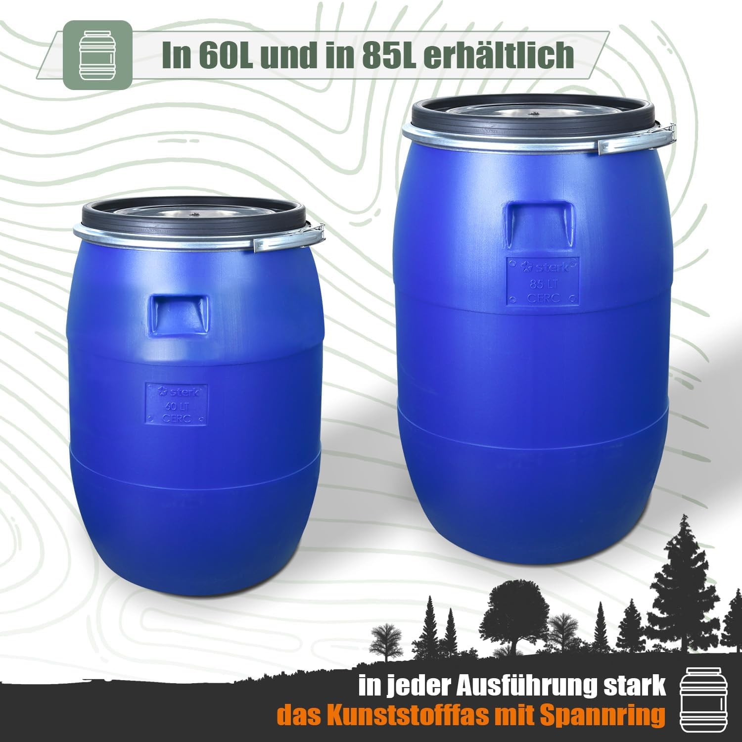 Futtertonne mit Deckel 60L Fass mit Spannring Weithalsfass lebensmittelecht 34cm Öffnung Gärbehälter Universalfass Gartenfass Deckelfass (Blau) – Bild 9