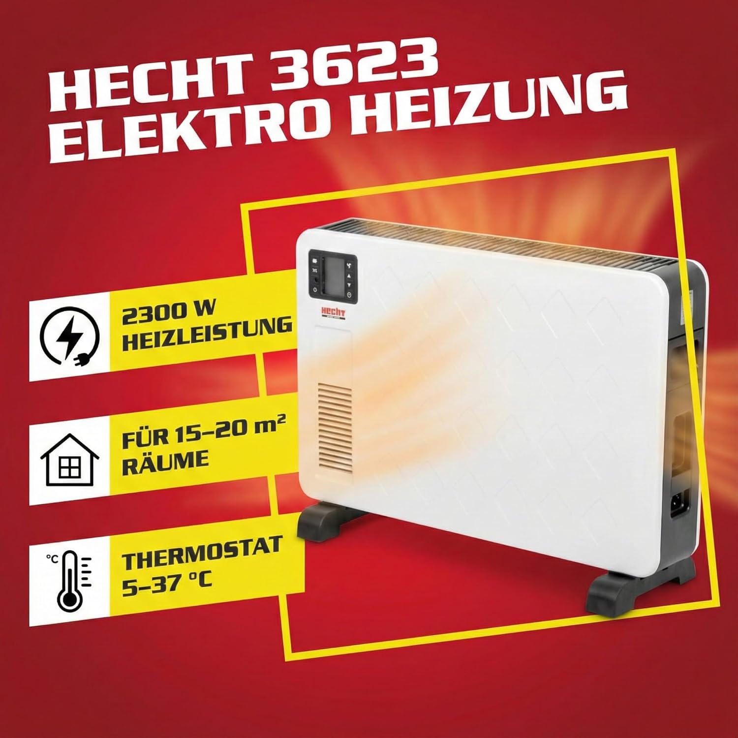Hecht Elektroheizer – Heizgerät für schnelle und wohltuende Wärme – energiesparend – mit 3 Leistungsstufen, Fernbedienung und Thermostat – Bild 2