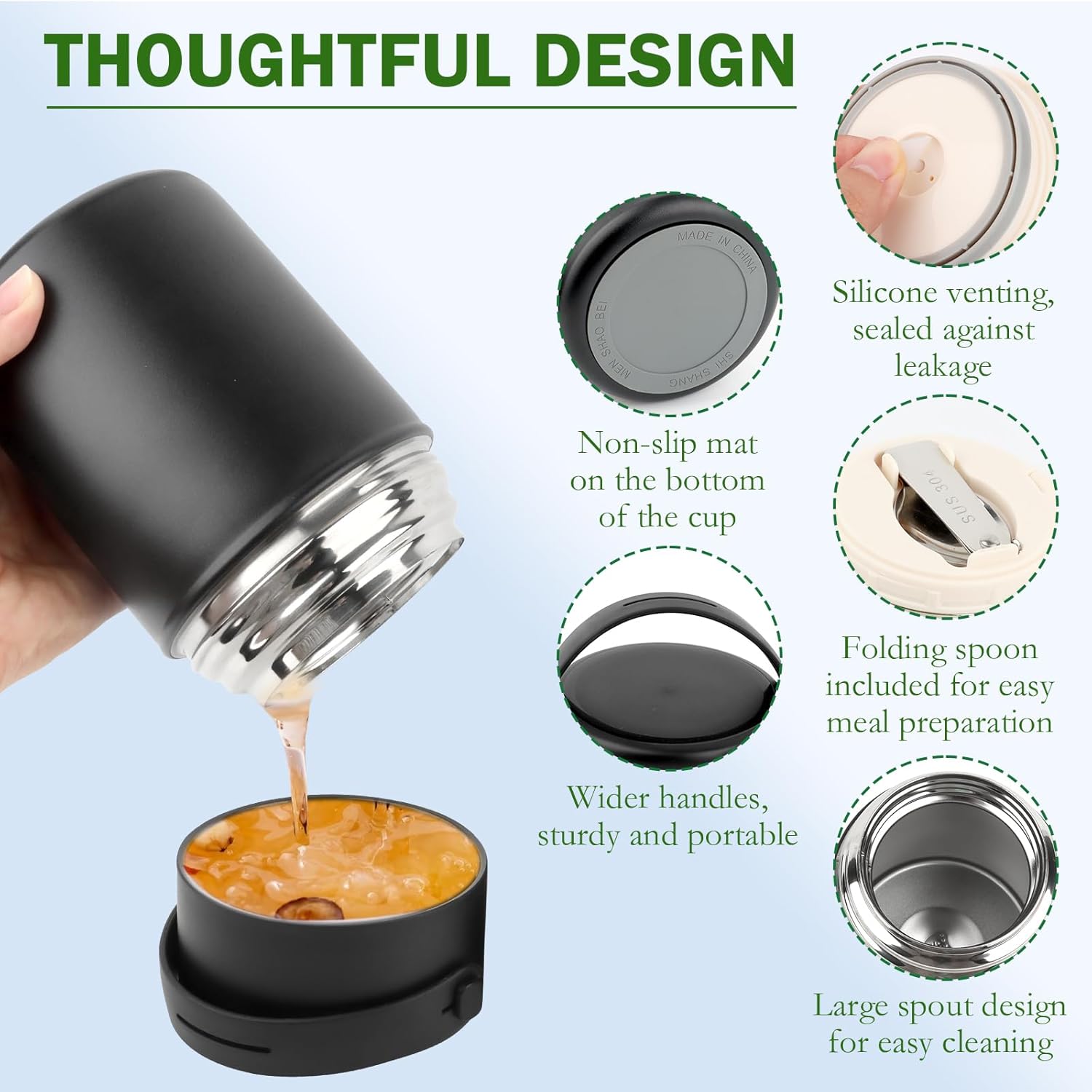 VMUTGA Thermobehälter 850 ml, Warmhaltebehälter aus Edelstahl, Müsli to go, Thermobox für das Mittagessen, Edelstahl-Thermobehälter für Lebensmittel mit faltbarem Löffel (schwarz) – Bild 4