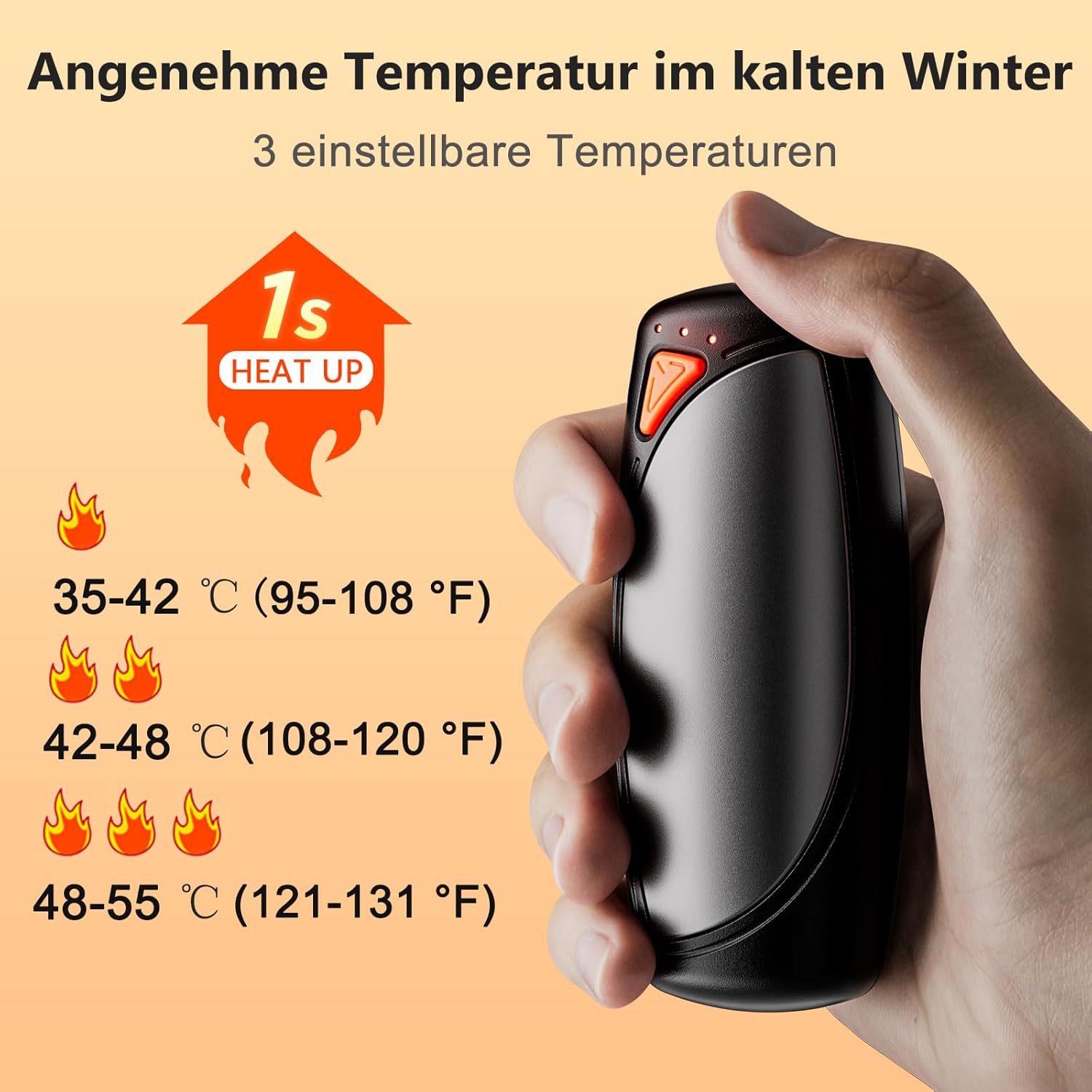 COTOP Elektrische Handwärmer, 2 Stück, wiederverwendbare Handwärmer mit Ladeetui, 14000 mAh Akku wiederaufladbar über USB C, 3 Stufen Heizung auf beiden Seiten bis zu 55 °C, Geschenk für Männer Frauen Camping – Bild 7