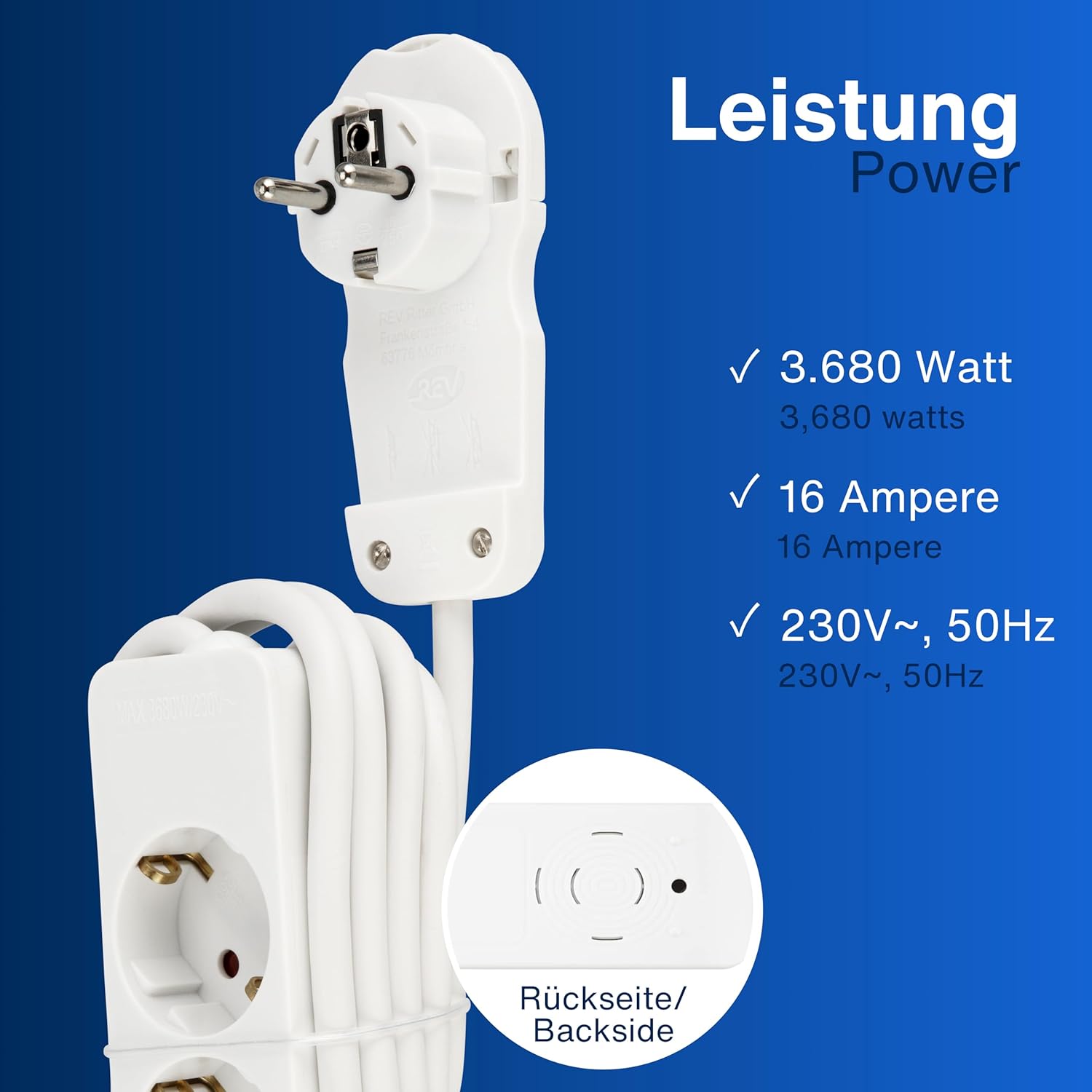 REV Steckdosenleiste – Mehrfachsteckdose 3-fach mit Flachstecker – ideal für den Einsatz hinter Möbeln, Kabel 2 m, max. 3680 W, Weiß – Bild 6