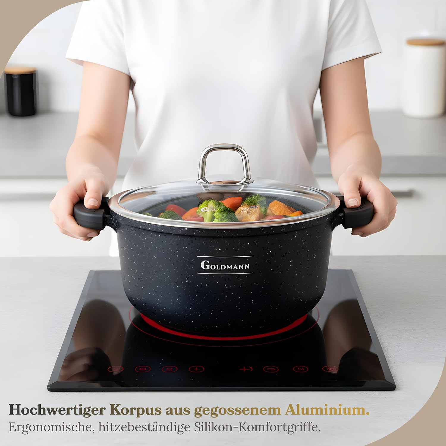 GOLDMANN Stielkasserolle aus Aluminiumguss, 24 cm – 4,5 l, antihaftbeschichteter Glasdeckel aus Keramik in Marmoroptik, Induktion, für alle Herdarten geeignet, ofenfest und PFOA-frei – Bild 2